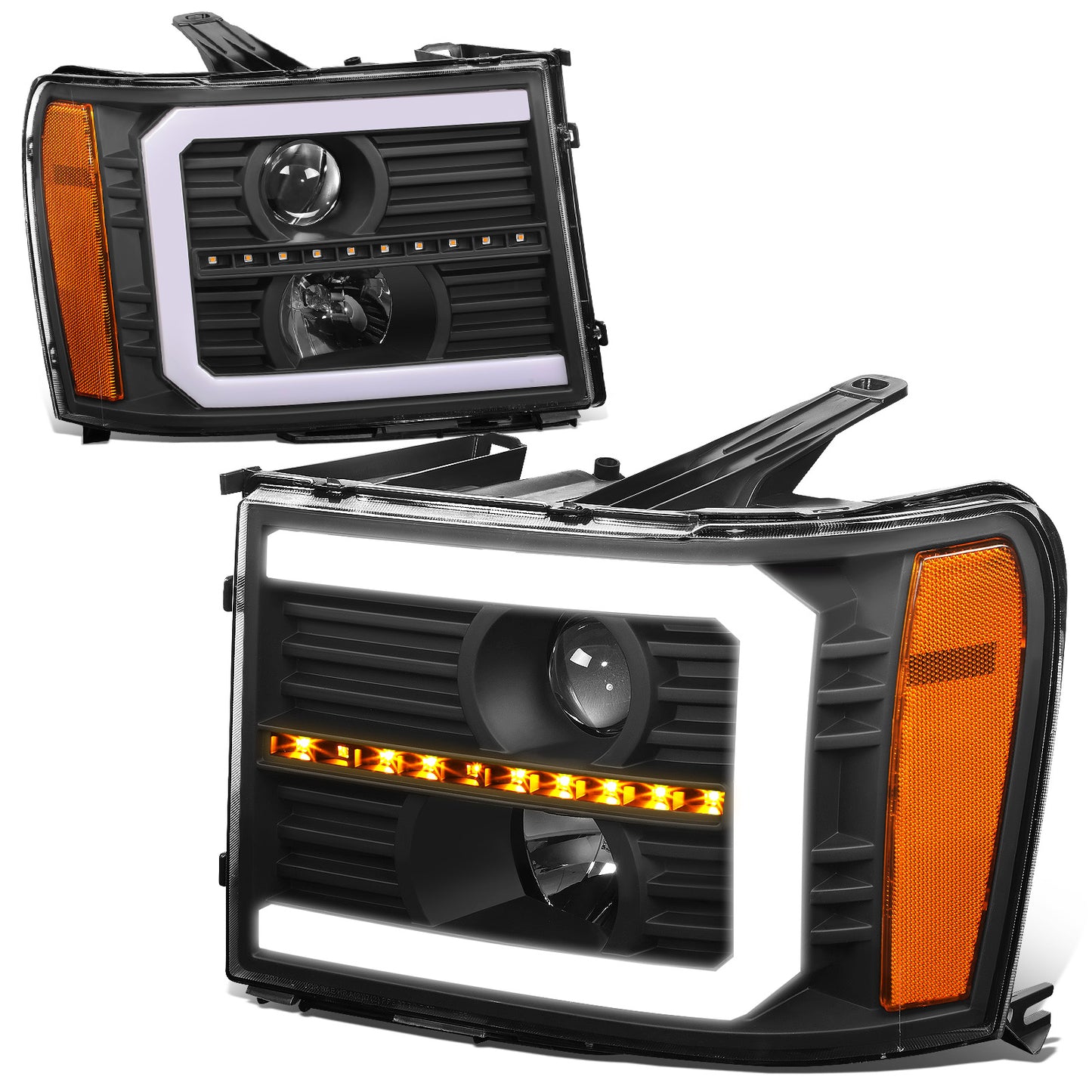 FAROS 07-13 GMC SIERRA 1500 / 07-14 GMC SIERRA 2500, 3500 - DOES NOT FIT 2007 CLASSIC STYLES - C-BAR LED DRL - SEQUENTIAL LED - BLACK HOUSING / AMBER CORNER