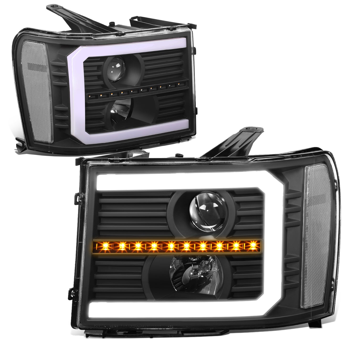 FAROS 07-13 GMC SIERRA 1500 / 07-14 GMC SIERRA 2500, 3500 - DOES NOT FIT 2007 CLASSIC STYLES - C-BAR LED DRL - SEQUENTIAL LED - BLACK HOUSING / CLEAR CORNER