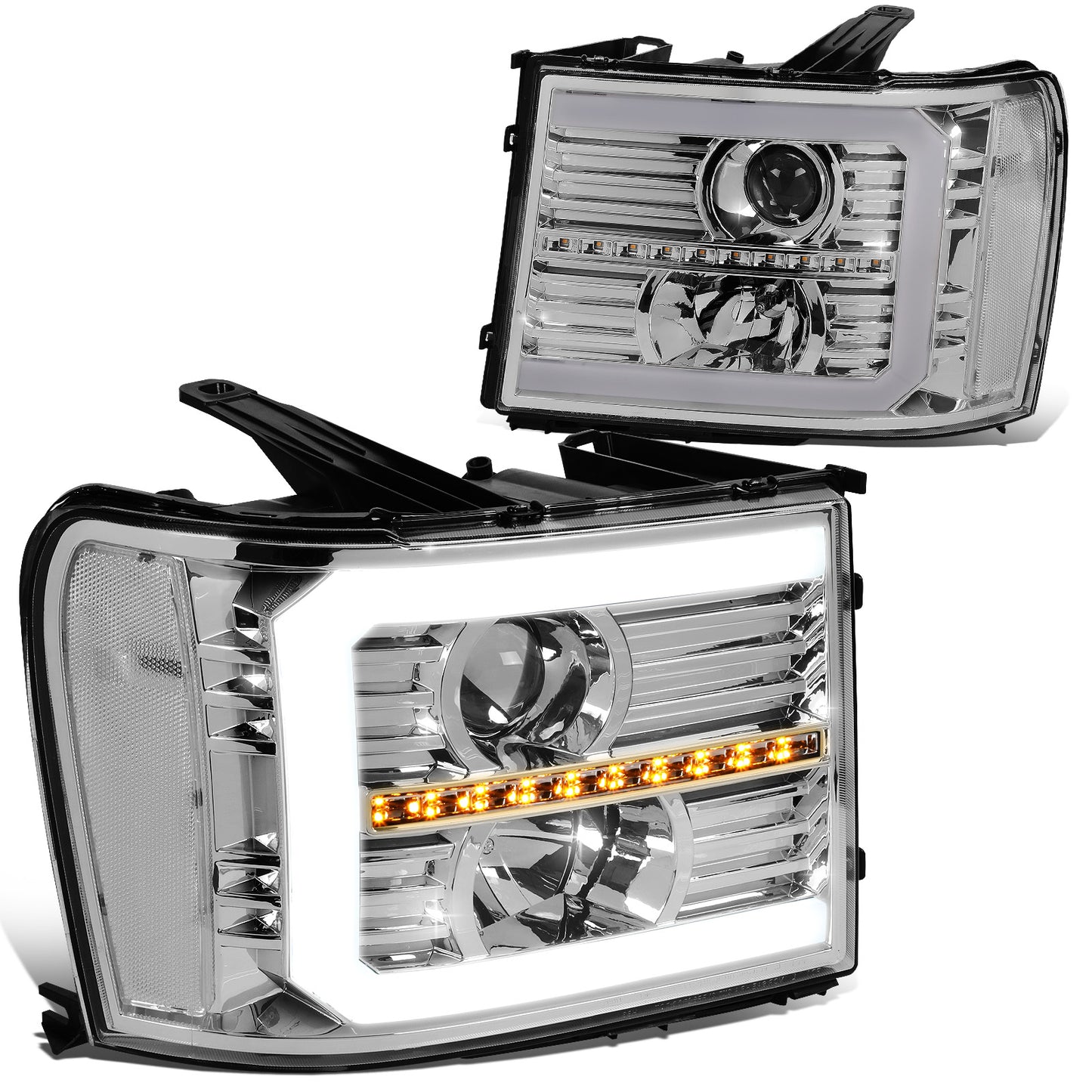 FAROS 07-13 GMC SIERRA 1500 / 07-14 GMC SIERRA 2500, 3500 - DOES NOT FIT 2007 CLASSIC STYLES - C-BAR LED DRL - SEQUENTIAL LED - CHROME HOUSING / CLEAR CORNER