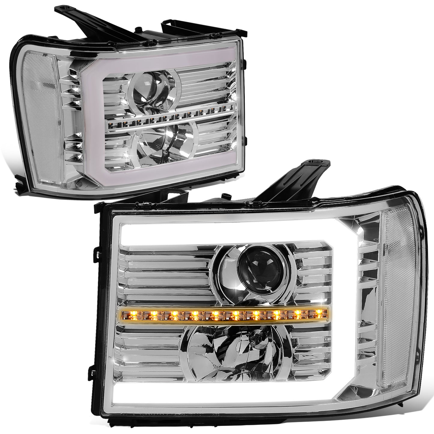 FAROS 07-13 GMC SIERRA 1500 / 07-14 GMC SIERRA 2500, 3500 - DOES NOT FIT 2007 CLASSIC STYLES - C-BAR LED DRL - SEQUENTIAL LED - CHROME HOUSING / CLEAR CORNER