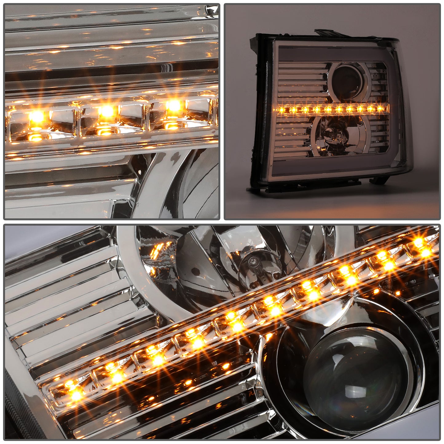 FAROS 07-13 GMC SIERRA 1500 / 07-14 GMC SIERRA 2500, 3500 - DOES NOT FIT 2007 CLASSIC STYLES - C-BAR LED DRL - SEQUENTIAL LED - CHROME HOUSING / CLEAR CORNER