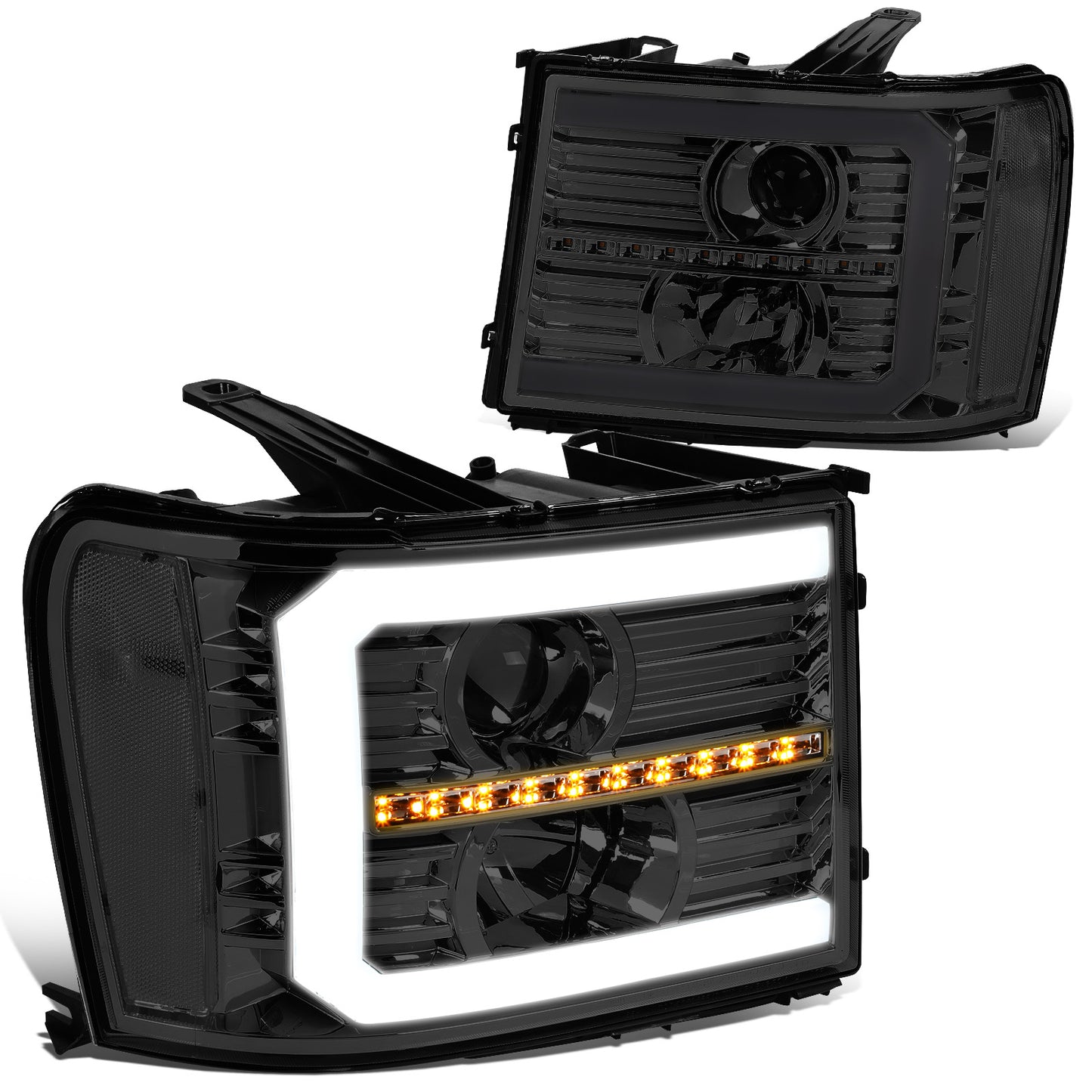 FAROS 07-13 GMC SIERRA 1500 / 07-14 GMC SIERRA 2500, 3500 - DOES NOT FIT 2007 CLASSIC STYLES - C-BAR LED DRL - SEQUENTIAL LED - SMOKE HOUSING / CLEAR CORNER