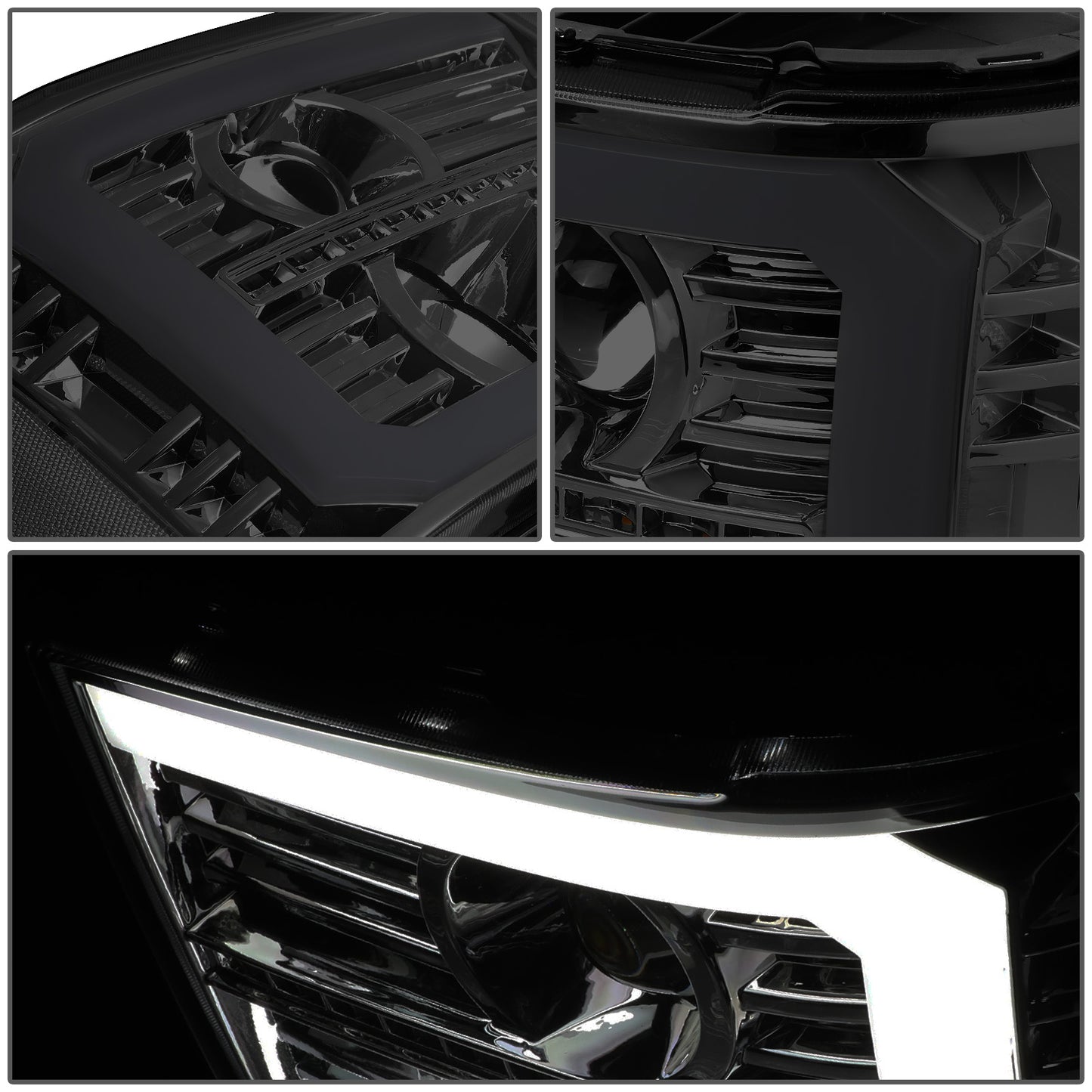 FAROS 07-13 GMC SIERRA 1500 / 07-14 GMC SIERRA 2500, 3500 - DOES NOT FIT 2007 CLASSIC STYLES - C-BAR LED DRL - SEQUENTIAL LED - SMOKE HOUSING / CLEAR CORNER