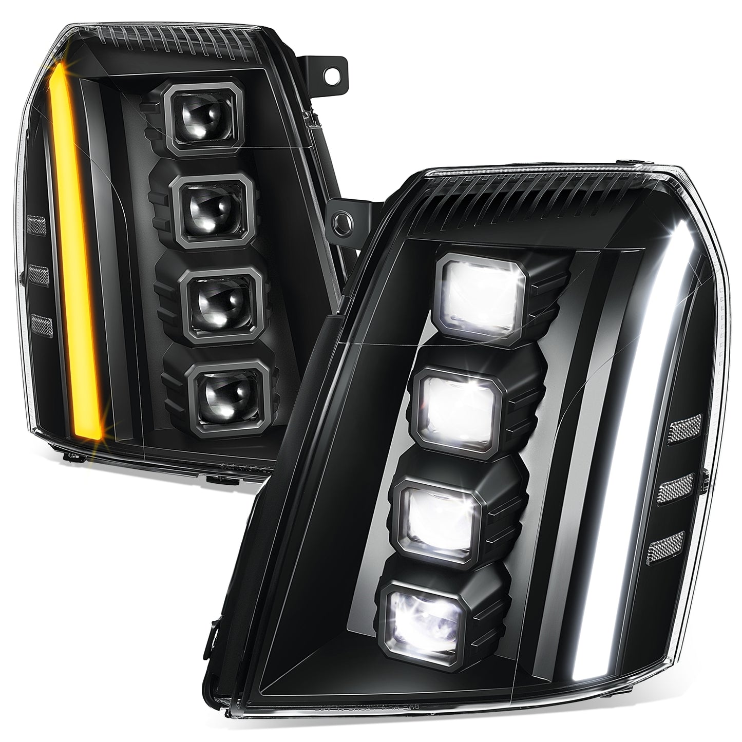 FAROS 07-14 CADILLAC ESCALADE / 07-14 CADILLAC ESCALADE ESV / 07-13 CADILLAC ESCALADE EXT - PROJECTOR HOUSING - QUAD PROJECTOR BEAM FULL LED SWITCHBACK LIGHT BAR - H7 / H1 - BLACK HOUSING / CLEAR CORNER