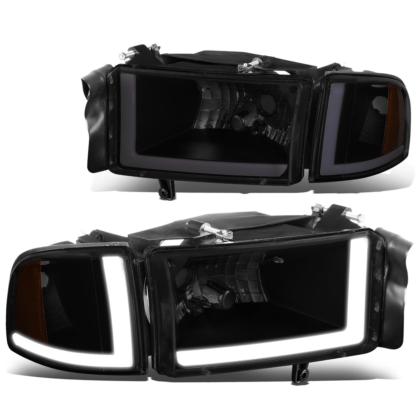 FAROS 94-01 DODGE RAM 1500 / 94-02 DODGE RAM 2500 3500 - DOES NOT FIT SPORT MODELS - LED DRL - BLACK HOUSING / SMOKE LENS / AMBER CORNER - 9004 HIGH / LOW BEAM BULBS
