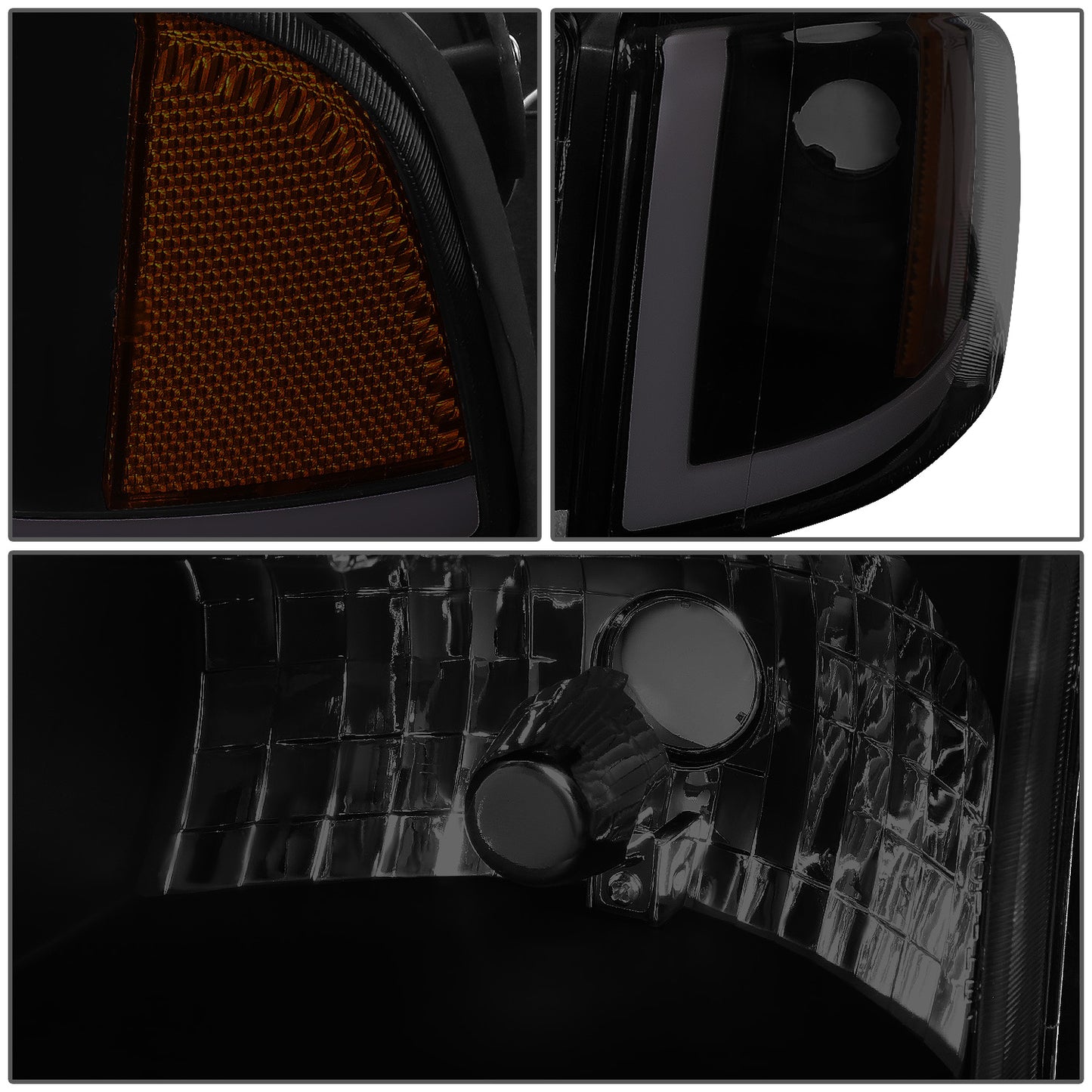 FAROS 94-01 DODGE RAM 1500 / 94-02 DODGE RAM 2500 3500 - DOES NOT FIT SPORT MODELS - LED DRL - BLACK HOUSING / SMOKE LENS / AMBER CORNER - 9004 HIGH / LOW BEAM BULBS