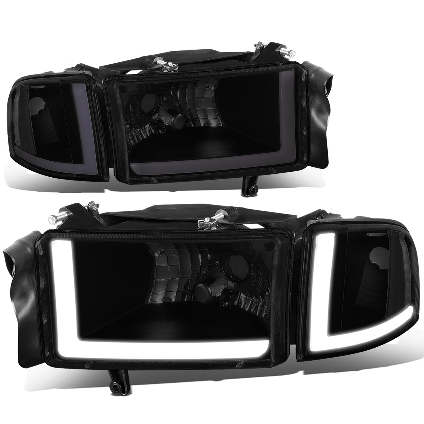 FAROS 94-01 DODGE RAM 1500 / 94-02 DODGE RAM 2500 3500 - DOES NOT FIT SPORT MODELS - LED DRL - BLACK HOUSING / SMOKE LENS / CLEAR CORNER - 9004 HIGH / LOW BEAM BULBS