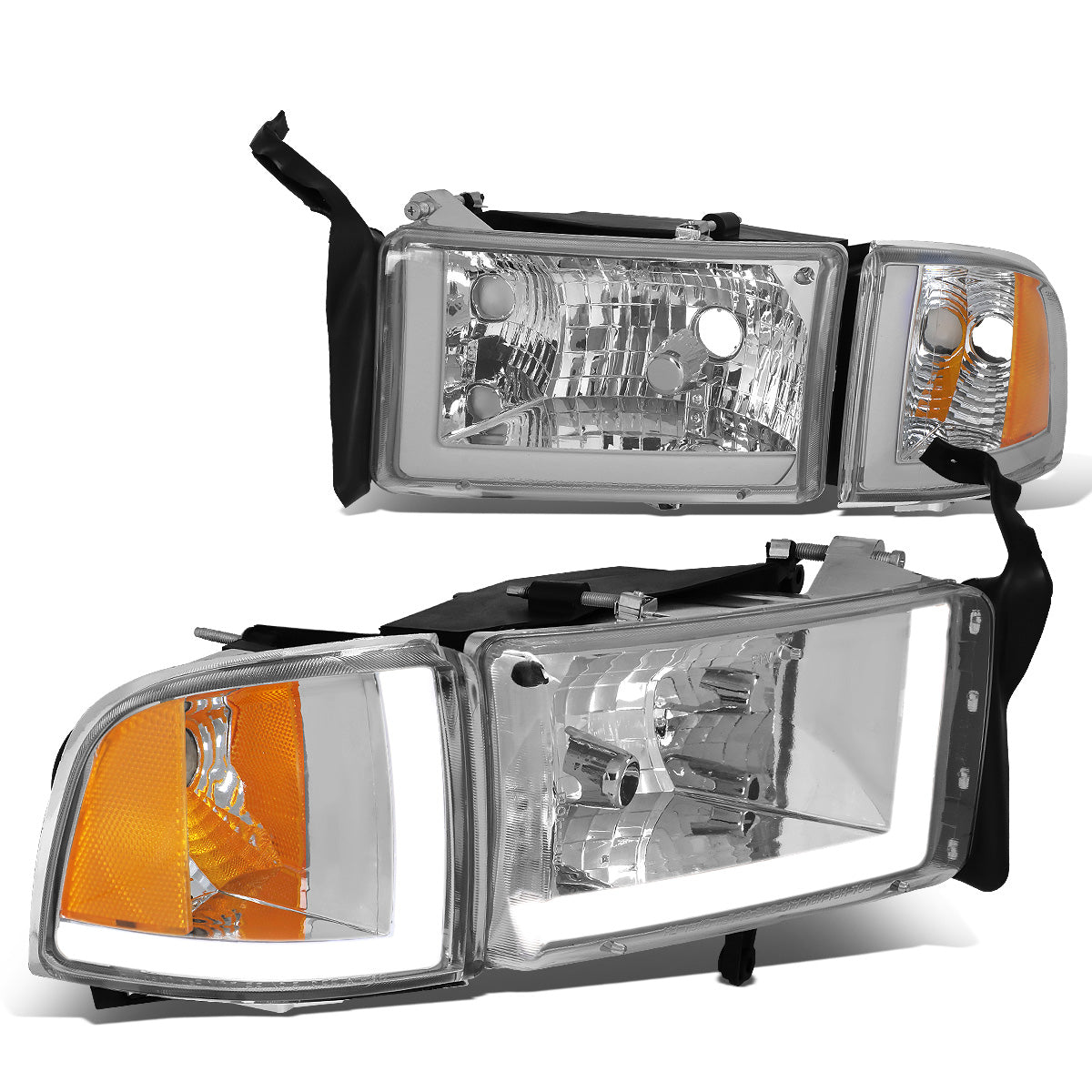 FAROS 94-01 DODGE RAM 1500 / 94-02 DODGE RAM 2500 3500 - DOES NOT FIT SPORT MODELS - LED DRL - CHROME HOUSING / AMBER CORNER - 9004 HIGH / LOW BEAM BULBS
