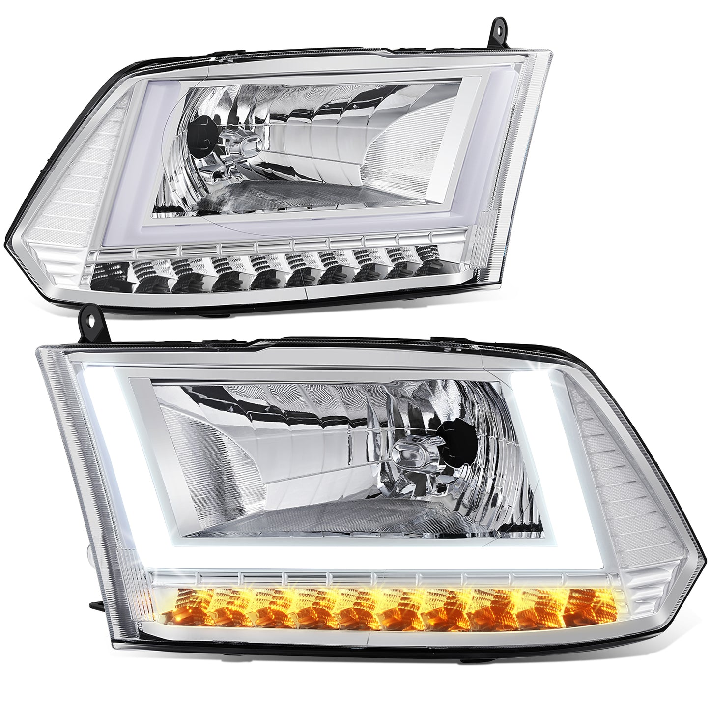 FAROS 09-10 DODGE RAM 1500 / 2010 DODGE RAM 2500 / 2010 DODGE RAM 3500 / 13-18 RAM 1500 / 19-24 RAM 1500 CLASSIC / 13-18 RAM 2500 / 13-18 RAM 3500 - FITS MODELS WITHOUT FACTORY PROJECTOR HEADLIGHT - H13 HIGH / LOW BEAM - U PATTERN 3D LIGHT BAR - CHROME /