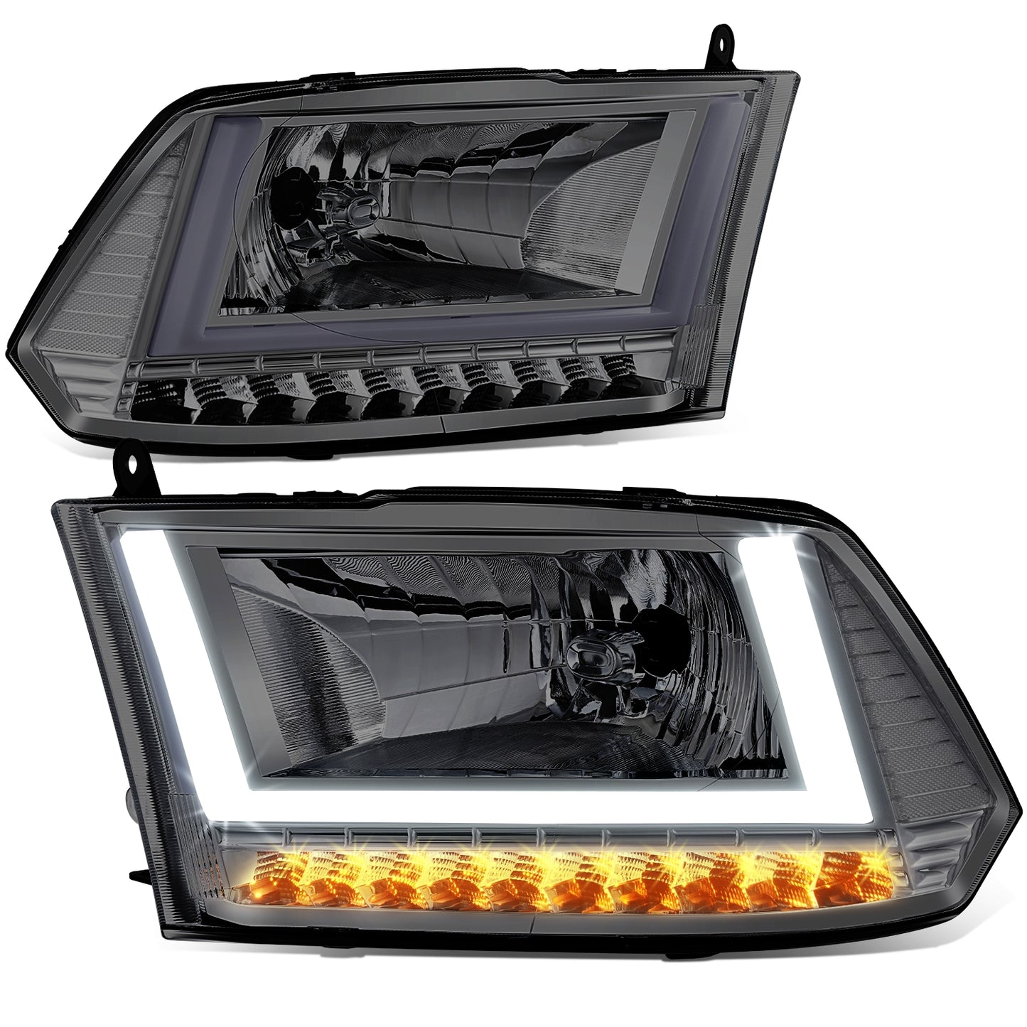 FAROS 09-10 DODGE RAM 1500 / 2010 DODGE RAM 2500 / 2010 DODGE RAM 3500 / 13-18 RAM 1500 / 19-24 RAM 1500 CLASSIC / 13-18 RAM 2500 / 13-18 RAM 3500 - FITS MODELS WITHOUT FACTORY PROJECTOR HEADLIGHT - H13 HIGH / LOW BEAM - U PATTERN 3D LIGHT BAR - SMOKED /