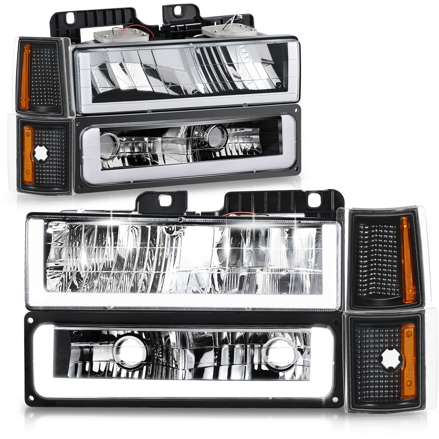 FAROS CLEAR LENS,AMBER REFLECTOR,BLACK HOUSING - 8PCS - LED BAR - 94-99 GMC C1500 K1500 YUKON / 94-99 GMC C1500 SUBURBAN C2500 SUBURBAN K1500 SUBURBAN K2500 SUBURBAN / 94-00 GMC C2500 C3500 K2500 K3500 - FITS MODELS WITH COMPOSITE HEADLIGHTS ONLY