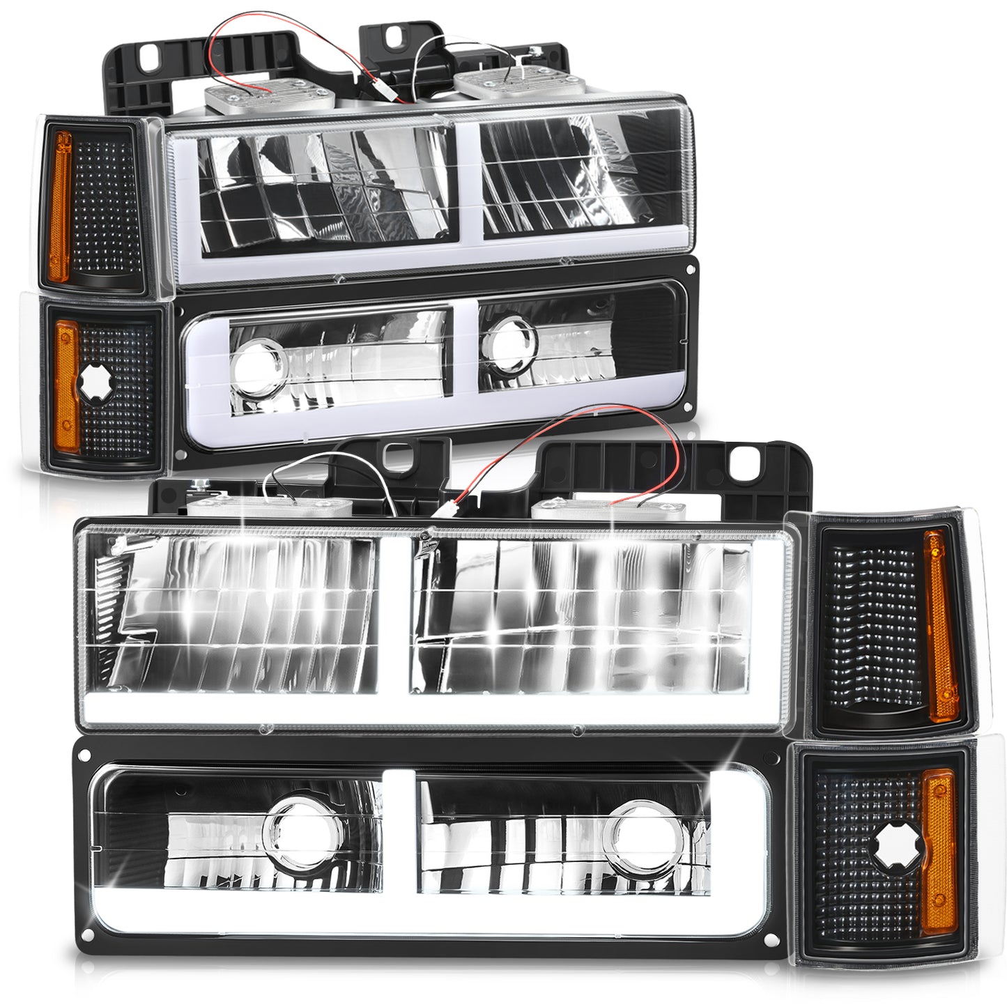 FAROS CLEAR LENS,AMBER REFLECTOR,BLACK HOUSING - 8PCS - LED BAR - 94-99 GMC C1500 K1500 YUKON / 94-99 GMC C1500 SUBURBAN C2500 SUBURBAN K1500 SUBURBAN K2500 SUBURBAN / 94-00 GMC C2500 C3500 K2500 K3500 - FITS MODELS WITH COMPOSITE HEADLIGHTS ONLY