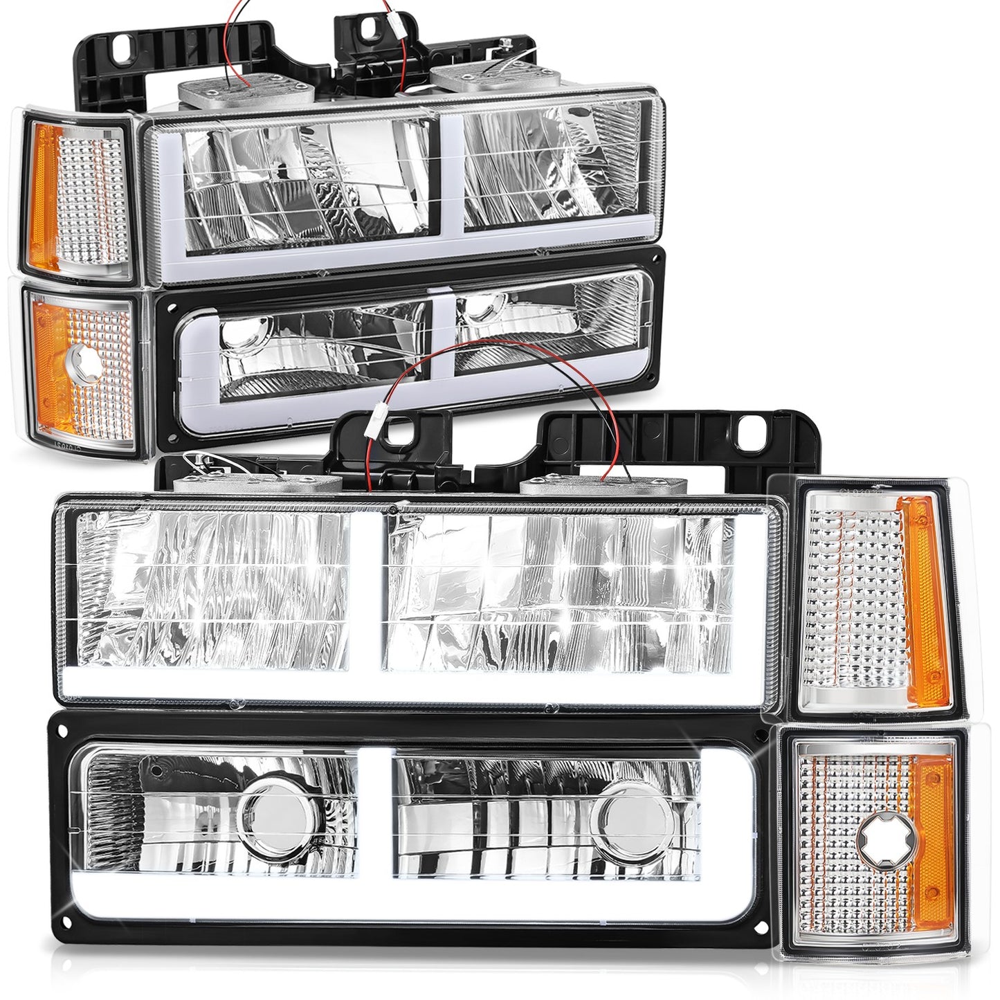 FAROS CLEAR LENS,AMBER REFLECTOR,CHROME HOUSING - 8PCS - LED BAR - 94-99 GMC C1500 K1500 YUKON / 94-99 GMC C1500 SUBURBAN C2500 SUBURBAN K1500 SUBURBAN K2500 SUBURBAN / 94-00 GMC C2500 C3500 K2500 K3500 - FITS MODELS WITH COMPOSITE HEADLIGHTS ONLY