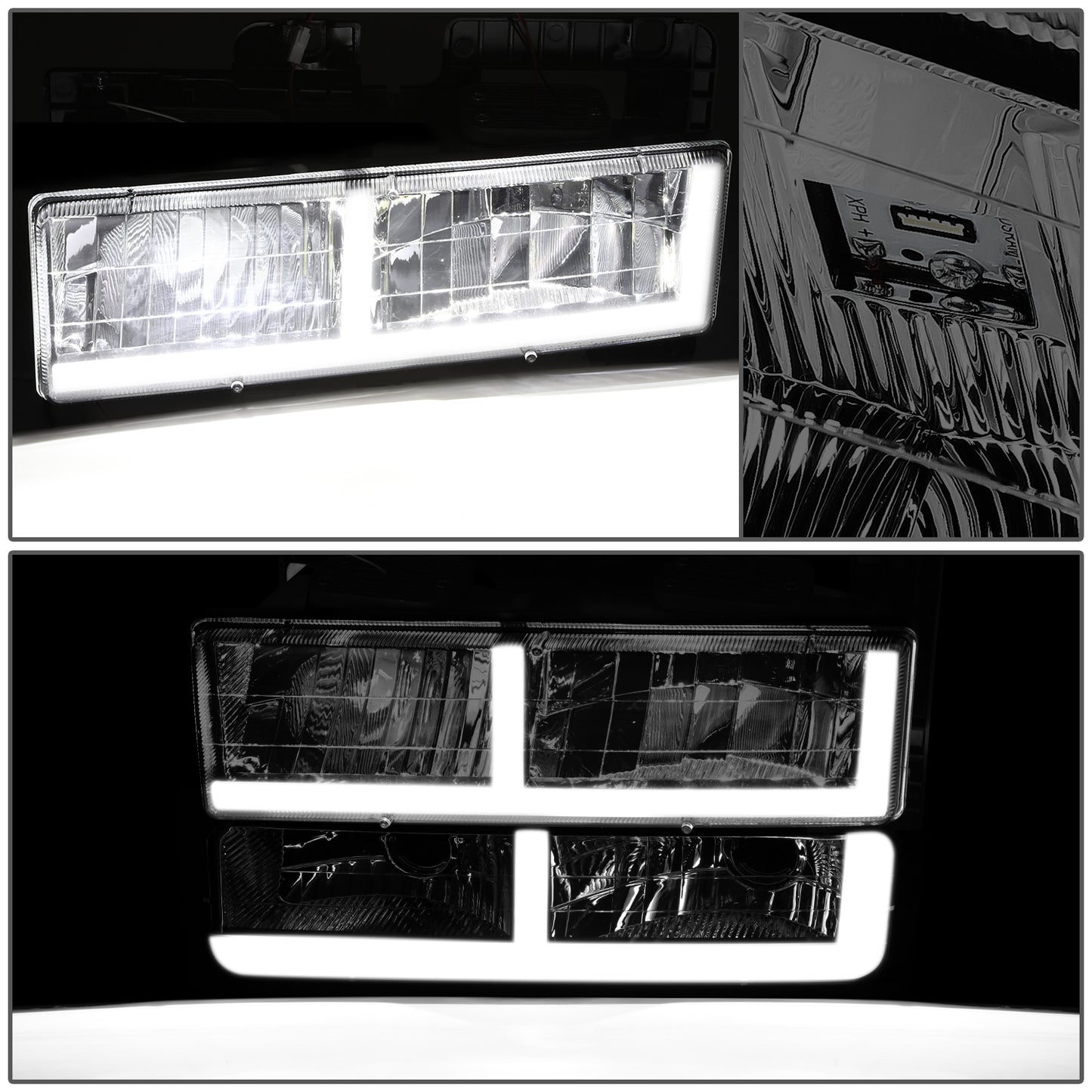 FAROS SMOKE LENS,AMBER REFLECTOR,CHROME HOUSING - 8PCS - LED BAR - 94-99 GMC C1500 K1500 YUKON / 94-99 GMC C1500 SUBURBAN C2500 SUBURBAN K1500 SUBURBAN K2500 SUBURBAN / 94-00 GMC C2500 C3500 K2500 K3500 - FITS MODELS WITH COMPOSITE HEADLIGHTS ONLY