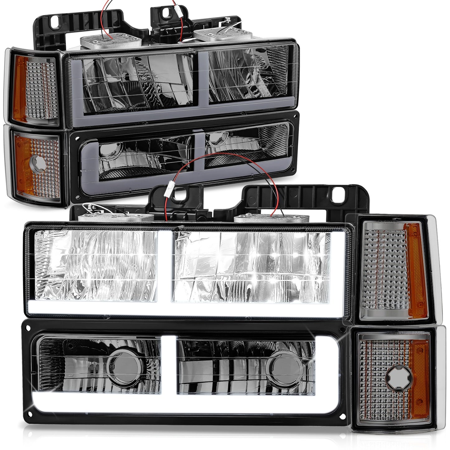 FAROS SMOKE LENS,AMBER REFLECTOR,CHROME HOUSING - 8PCS - LED BAR - 94-99 GMC C1500 K1500 YUKON / 94-99 GMC C1500 SUBURBAN C2500 SUBURBAN K1500 SUBURBAN K2500 SUBURBAN / 94-00 GMC C2500 C3500 K2500 K3500 - FITS MODELS WITH COMPOSITE HEADLIGHTS ONLY