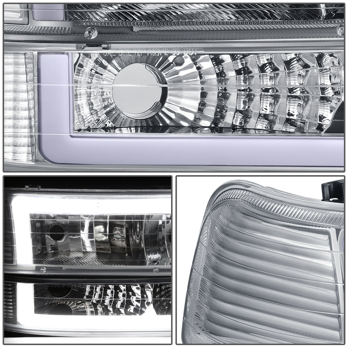 FAROS 99-02 CHEVY SILVERADO 1500, 2500 / 01-02 SILVERADO 1500HD, 2500HD, 3500 / 00-06 CHEVY SUBURBAN 1500, 2500, CHEVY TAHOE - REQUIRES WIRING TO EXISTING VEHICLE WIRING HARNESS - LED DRL - DUAL C-BAR - 4PC - CHROME HOUSING / CLEAR CORNER