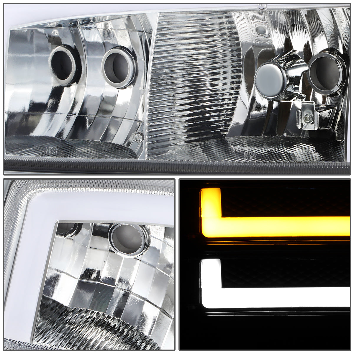 FAROS 99-06 GMC SIERRA 1500, GMC YUKON / 00-06 YUKON XL 1500, 2500 / 01-06 SIERRA 2500HD, 3500 / 2007 SIERRA 1500 CLASSIC, 2500HD CLASSIC, 3500 CLASSIC - EXCLUDES C3, DENALI MODELS - LED DRL - SWITCHBACK TURN SIGNAL - 4PC - CHROME HOUSING / CLEAR CORNER