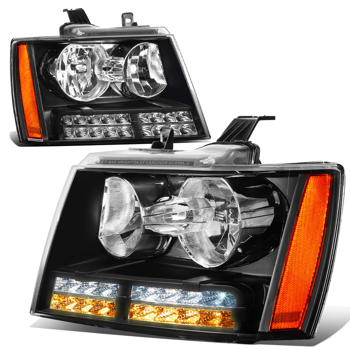 FAROS 07-13 CHEVY AVALANCHE / 07-14 CHEVY TAHOE / 07-14 CHEVY SUBURBAN 1500 / 07-13 CHEVY SUBURBAN 2500 - LED DRL - BLACK HOUSING / AMBER CORNER - H1 LOW BEAM / H1 HIGH BEAM