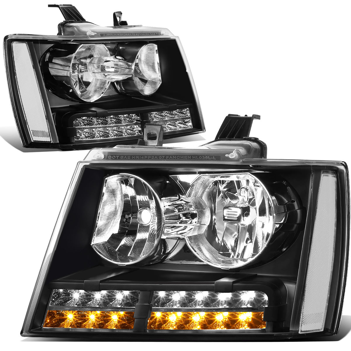 FAROS 07-13 CHEVY AVALANCHE / 07-14 CHEVY TAHOE / 07-14 CHEVY SUBURBAN 1500 / 07-13 CHEVY SUBURBAN 2500 - LED DRL - BLACK HOUSING / CLEAR CORNER - H1 LOW BEAM / H1 HIGH BEAM