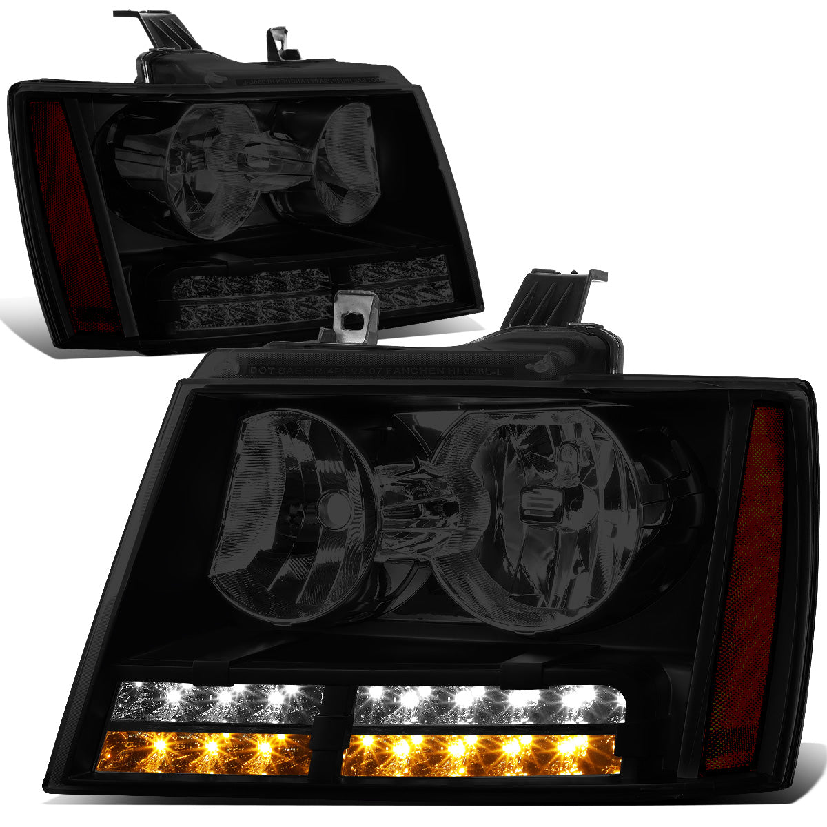 FAROS 07-13 CHEVY AVALANCHE / 07-14 CHEVY TAHOE / 07-14 CHEVY SUBURBAN 1500 / 07-13 CHEVY SUBURBAN 2500 - LED DRL - BLACK HOUSING / SMOKE LENS / AMBER CORNER - H1 LOW BEAM / H1 HIGH BEAM