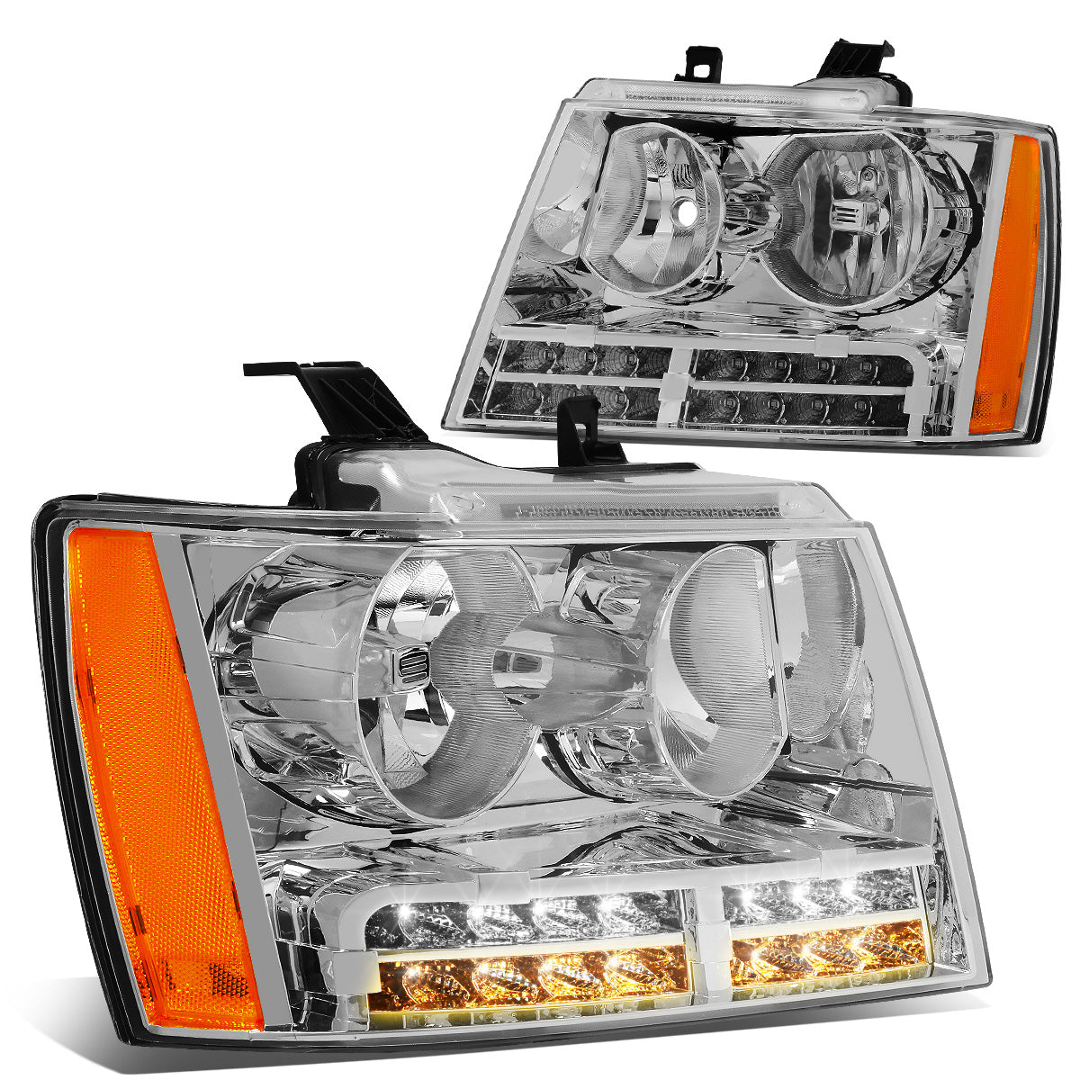 FAROS 07-13 CHEVY AVALANCHE / 07-14 CHEVY TAHOE / 07-14 CHEVY SUBURBAN 1500 / 07-13 CHEVY SUBURBAN 2500 - LED DRL - CHROME HOUSING / AMBER CORNER - H1 LOW BEAM / H1 HIGH BEAM