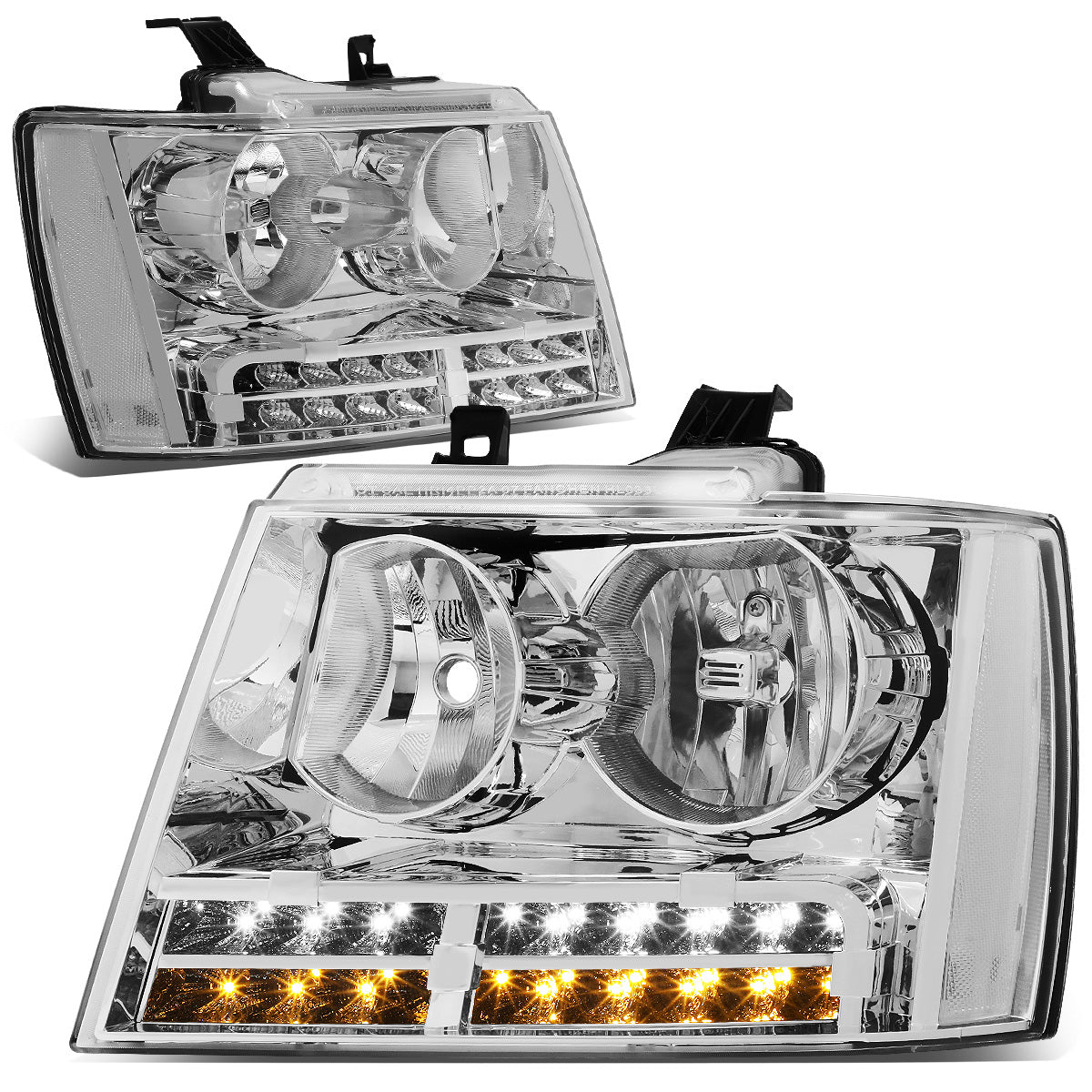 FAROS 07-13 CHEVY AVALANCHE / 07-14 CHEVY TAHOE / 07-14 CHEVY SUBURBAN 1500 / 07-13 CHEVY SUBURBAN 2500 - LED DRL - CHROME HOUSING / CLEAR CORNER - H1 LOW BEAM / H1 HIGH BEAM