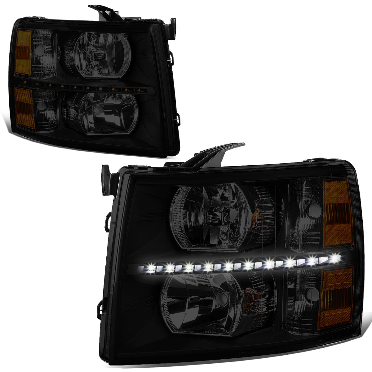 FAROS 07-13 CHEVY SILVERADO 1500 / 07-14 CHEVY SILVERADO 2500 / 3500 & HD MODELS - LED - REFLECTOR - BLACK HOUSING / AMBER CORNER / SMOKE LENS - H11 LOW BEAM / 9005 HIGH BEAM