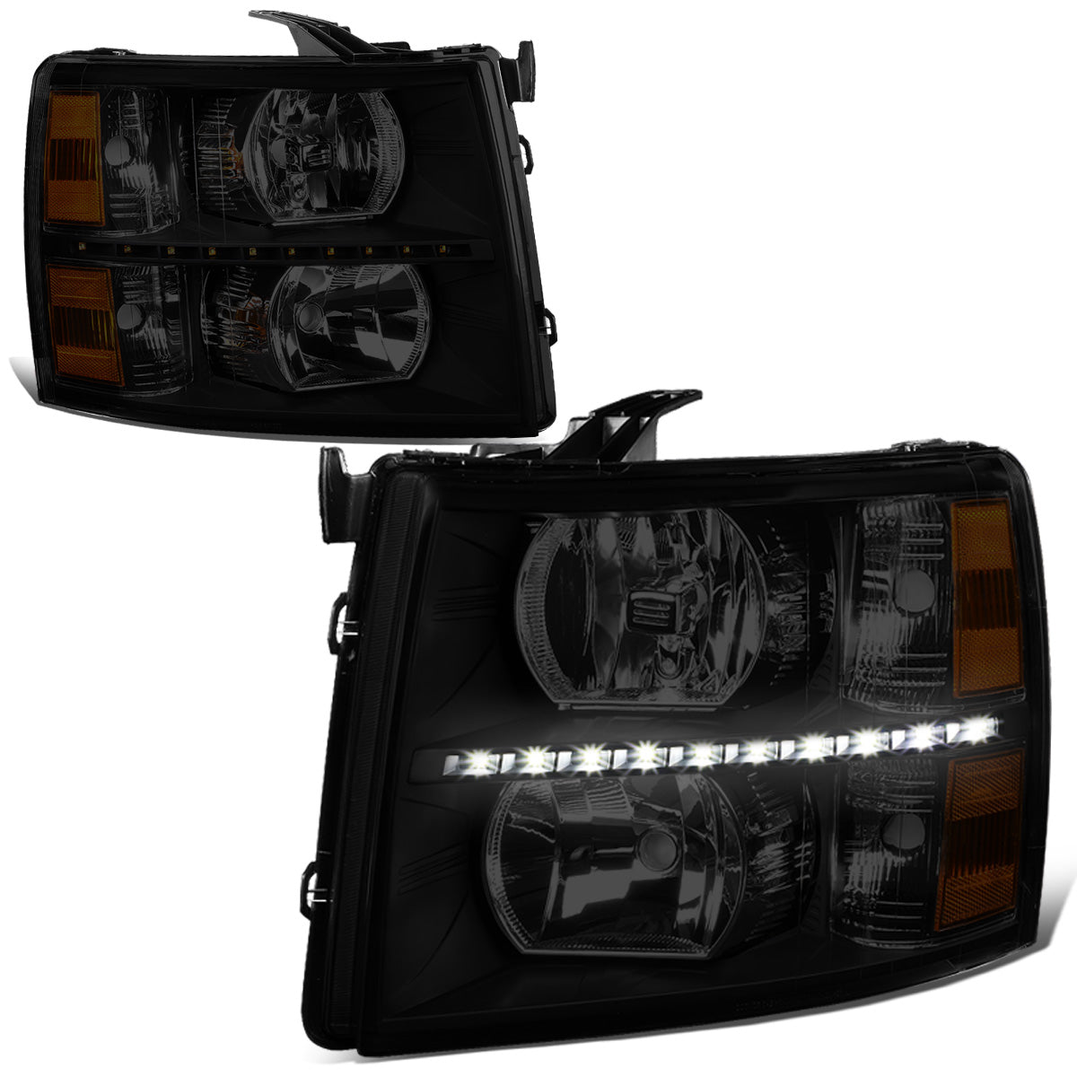 FAROS 07-13 CHEVY SILVERADO 1500 / 07-14 CHEVY SILVERADO 2500 / 3500 & HD MODELS - LED - REFLECTOR - BLACK HOUSING / AMBER CORNER / SMOKE LENS - H11 LOW BEAM / 9005 HIGH BEAM