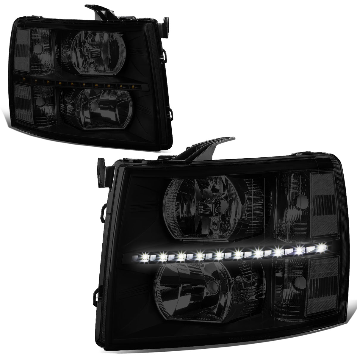FAROS 07-13 CHEVY SILVERADO 1500 / 07-14 CHEVY SILVERADO 2500 / 3500 & HD MODELS - LED - REFLECTOR - BLACK HOUSING / CLEAR CORNER / SMOKE LENS - H11 LOW BEAM / 9005 HIGH BEAM