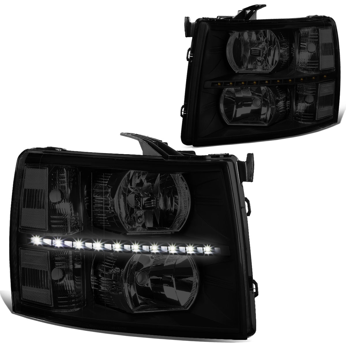 FAROS 07-13 CHEVY SILVERADO 1500 / 07-14 CHEVY SILVERADO 2500 / 3500 & HD MODELS - LED - REFLECTOR - BLACK HOUSING / CLEAR CORNER / SMOKE LENS - H11 LOW BEAM / 9005 HIGH BEAM