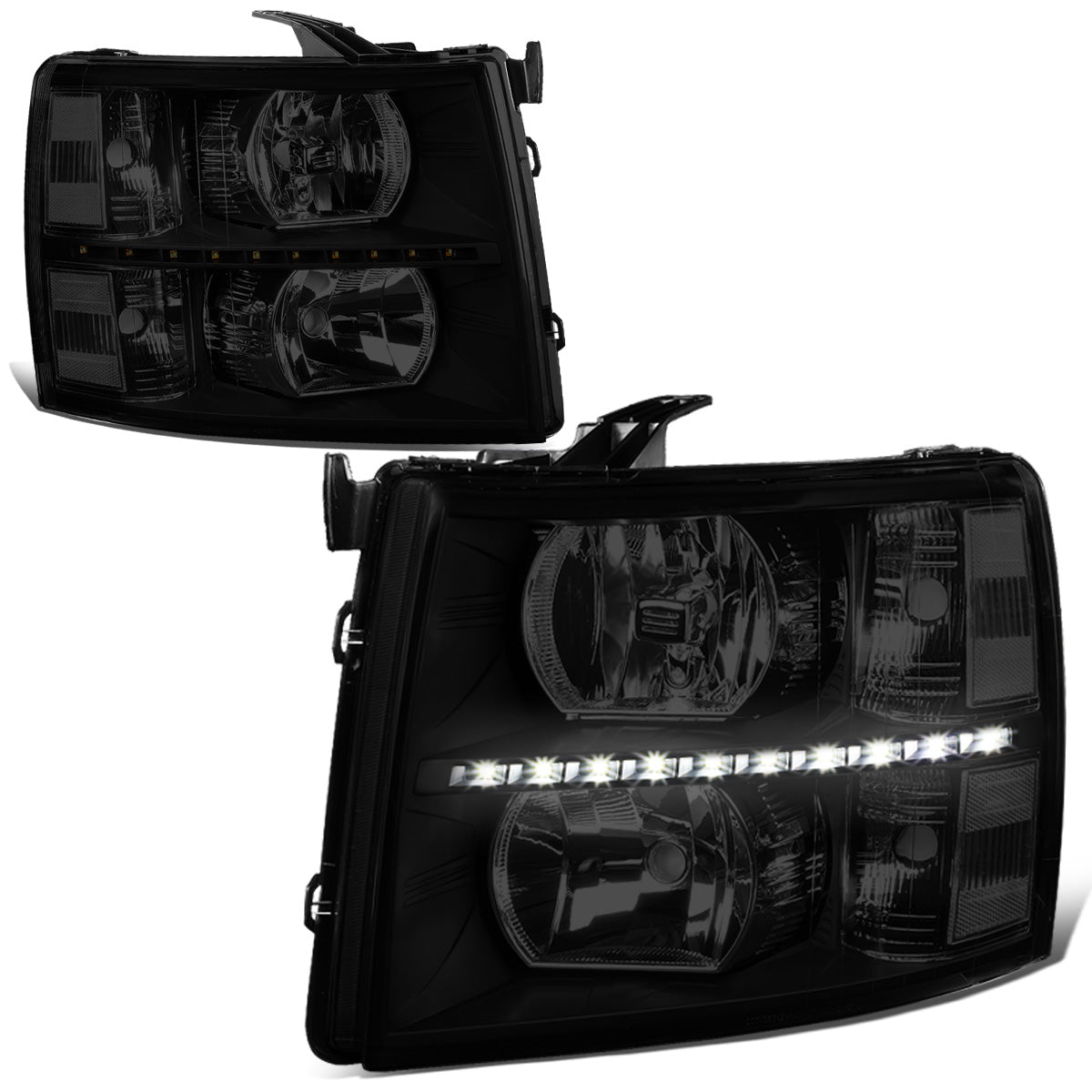FAROS 07-13 CHEVY SILVERADO 1500 / 07-14 CHEVY SILVERADO 2500 / 3500 & HD MODELS - LED - REFLECTOR - BLACK HOUSING / CLEAR CORNER / SMOKE LENS - H11 LOW BEAM / 9005 HIGH BEAM