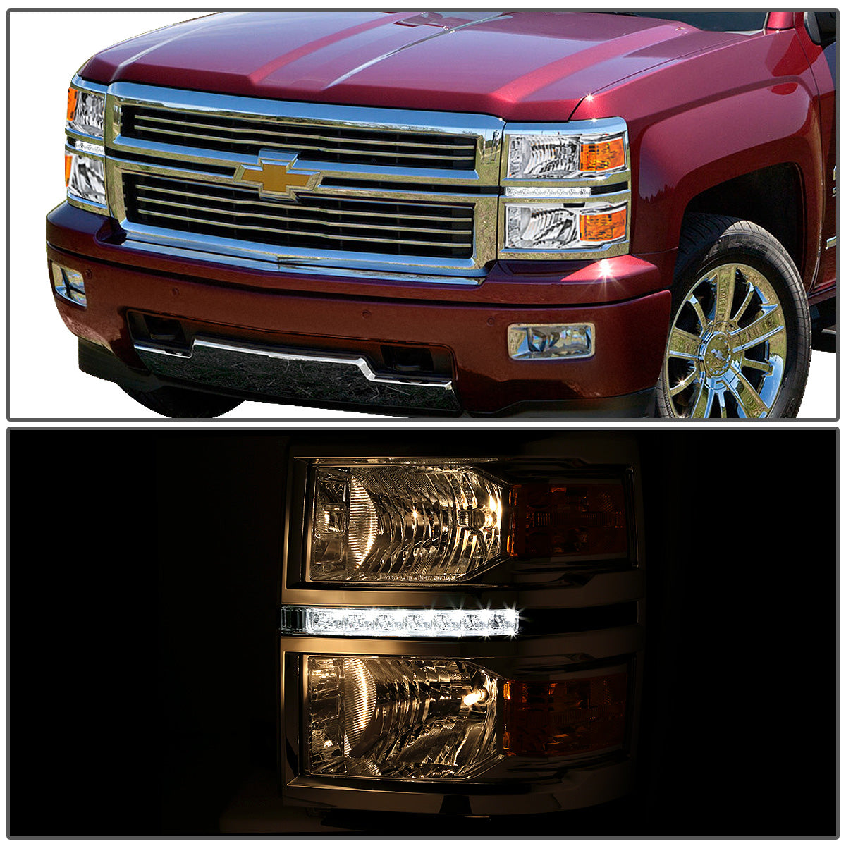 FAROS 14-15 CHEVY SILVERADO 1500, 2500HD, 3500HD 2/4-DOOR - LED DRL - CHROME HOUSING / AMBER CORNER - H11 LOW BEAM / 9005 HIGH BEAM