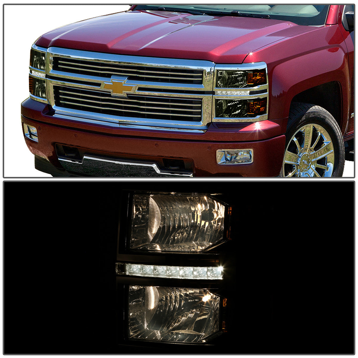 FAROS 14-15 CHEVY SILVERADO 1500, 2500HD, 3500HD 2/4-DOOR - LED DRL - SMOKE HOUSING / AMBER CORNER - H11 LOW BEAM / 9005 HIGH BEAM