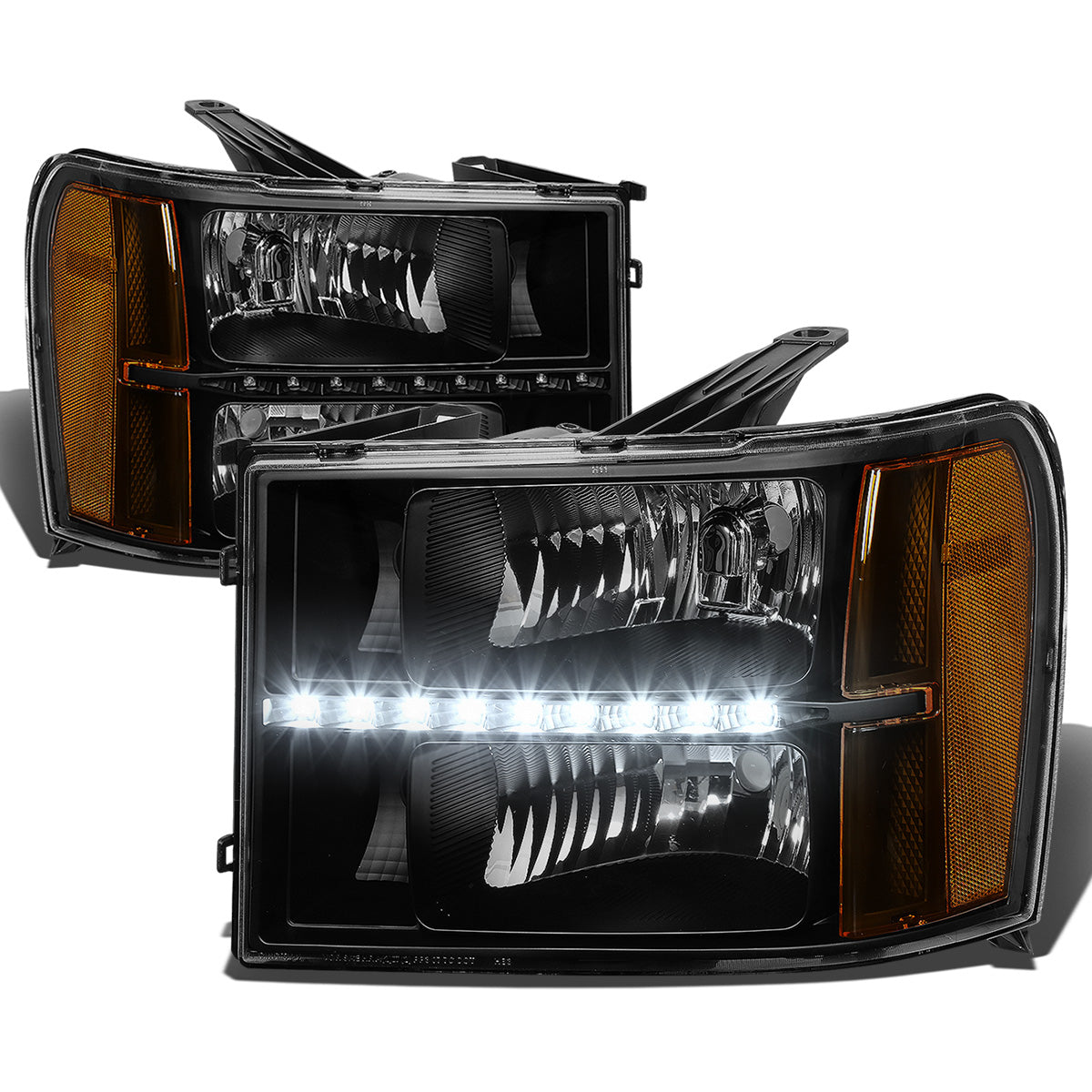FAROS 07-13 GMC SIERRA 1500 / 07-14 GMC SIERRA 2500 , 3500 2/4-DOOR - LED DRL - BLACK HOUSING / AMBER CORNER - H11 LOW BEAM / 9005 HIGH BEAM