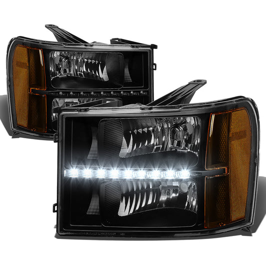 FAROS 07-13 GMC SIERRA 1500 / 07-14 GMC SIERRA 2500 , 3500 2/4-DOOR - LED DRL - BLACK HOUSING / AMBER CORNER - H11 LOW BEAM / 9005 HIGH BEAM