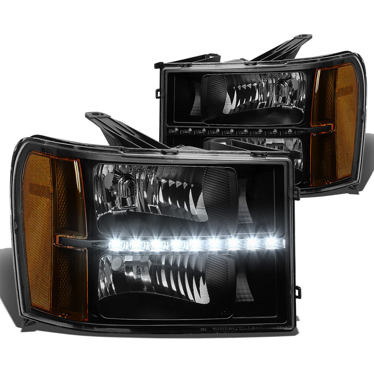 FAROS 07-13 GMC SIERRA 1500 / 07-14 GMC SIERRA 2500 , 3500 2/4-DOOR - LED DRL - BLACK HOUSING / AMBER CORNER - H11 LOW BEAM / 9005 HIGH BEAM