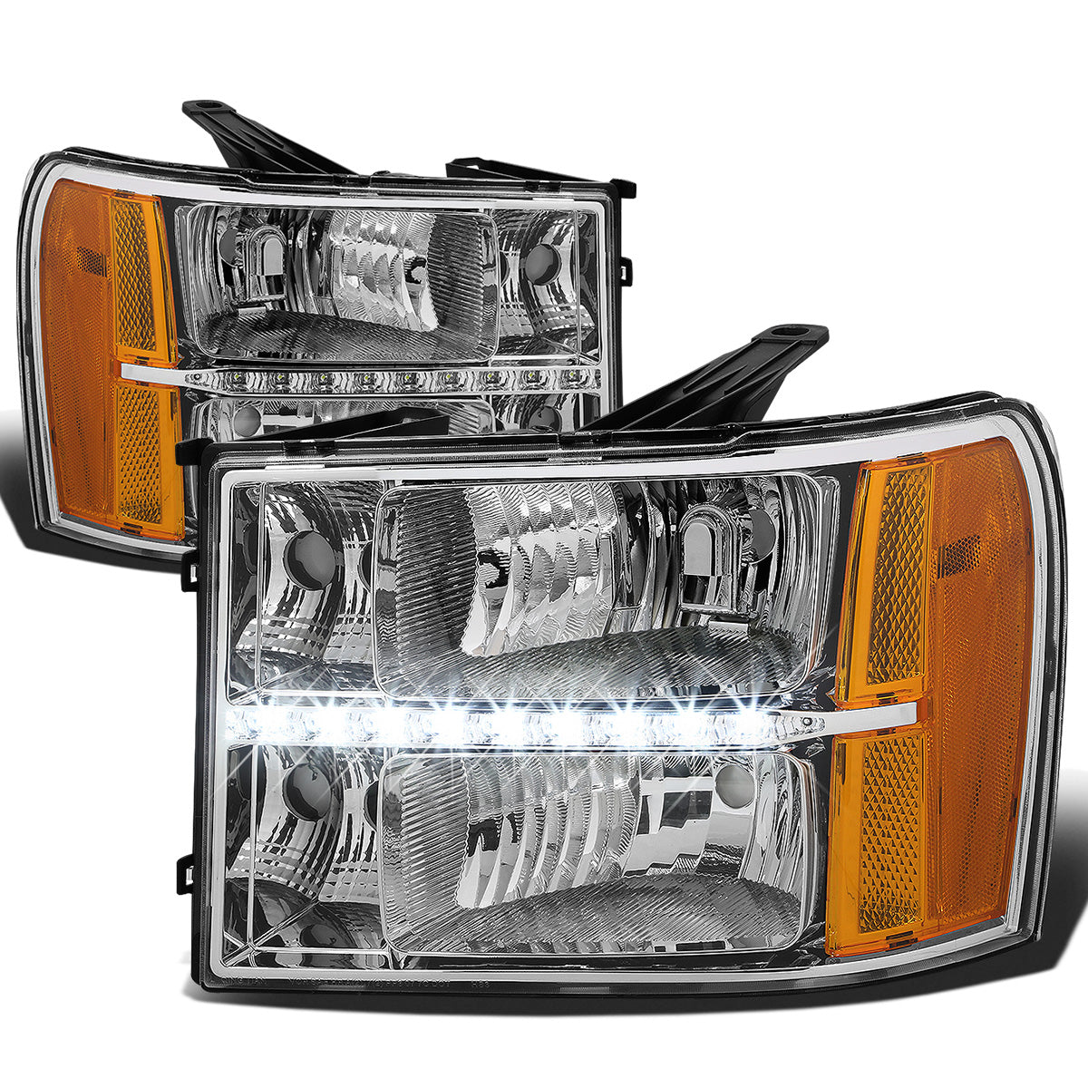 FAROS 07-13 GMC SIERRA 1500 / 07-14 GMC SIERRA 2500 , 3500 2/4-DOOR - LED DRL - CHROME HOUSING / AMBER CORNER - H11 LOW BEAM / 9005 HIGH BEAM