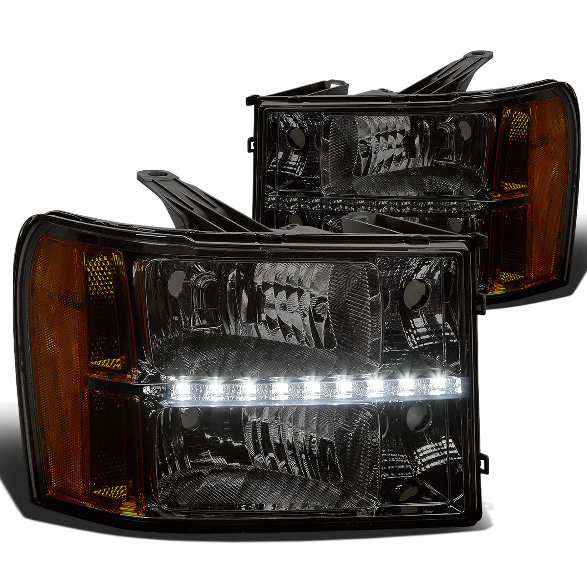 FAROS 07-13 GMC SIERRA 1500 / 07-14 GMC SIERRA 2500 , 3500 2/4-DOOR - LED DRL - SMOKE HOUSING / AMBER CORNER - H11 LOW BEAM / 9005 HIGH BEAM