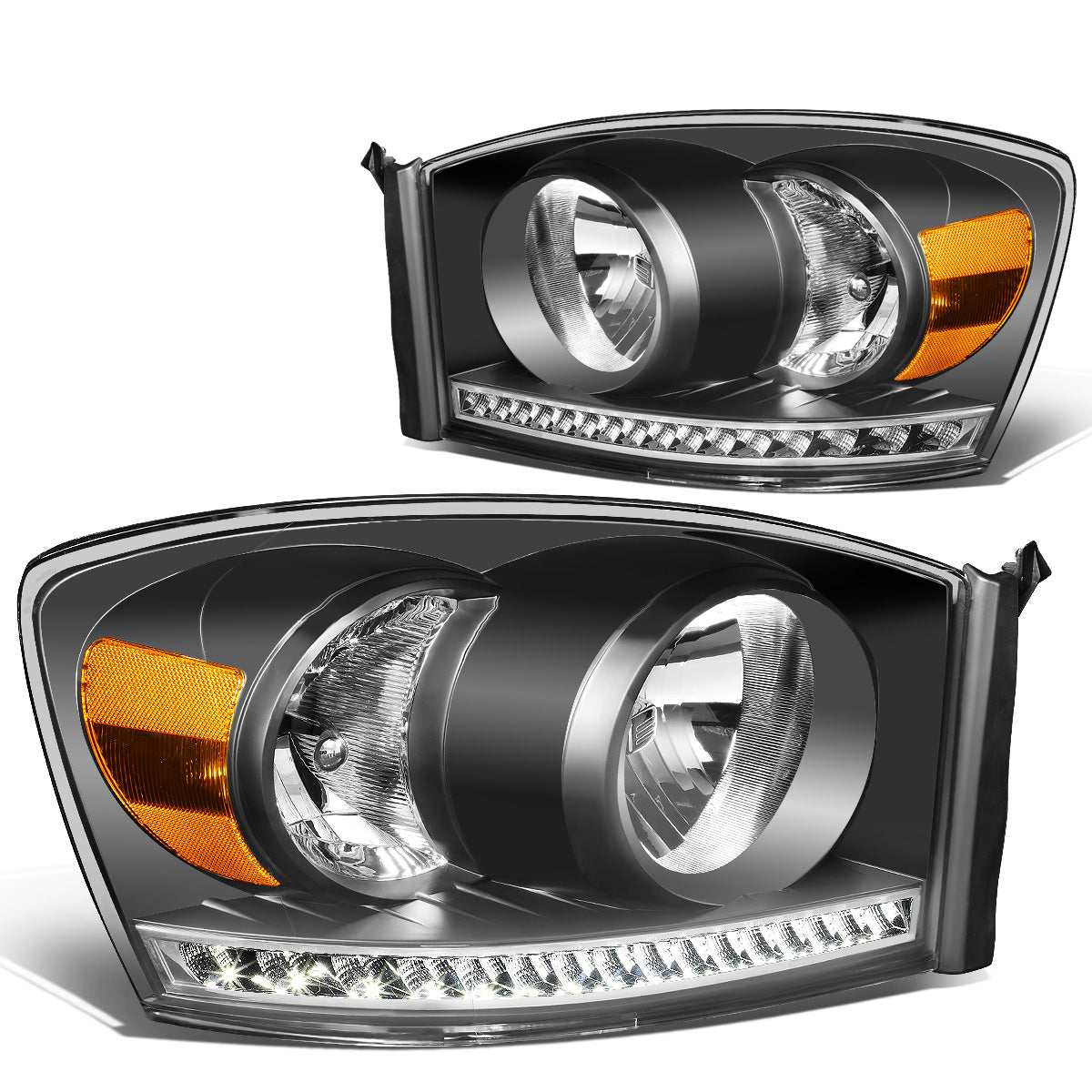 FAROS 06-08 DODGE RAM 1500 / 06-09 DODGE RAM 2500 , 3500 - FITS MODELS WITH HALOGEN HEADLAMPS ONLY - LED DRL - BLACK HOUSING / AMBER CORNER - H13 LOW BEAM / H13 HIGH BEAM