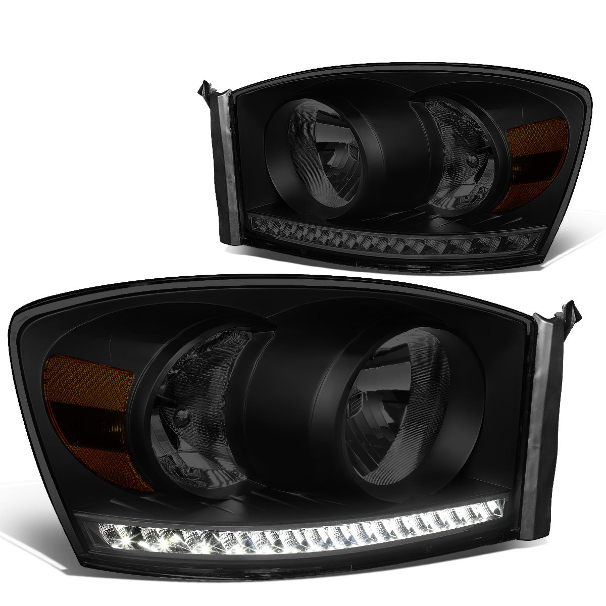 FAROS 06-08 DODGE RAM 1500 / 06-09 DODGE RAM 2500 , 3500 - FITS MODELS WITH HALOGEN HEADLAMPS ONLY - LED DRL - BLACK HOUSING / SMOKE LENS / AMBER CORNER - H13 LOW BEAM / H13 HIGH BEAM