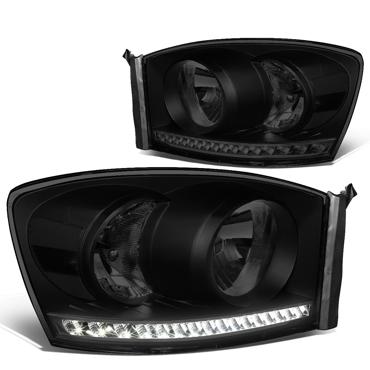 FAROS 06-08 DODGE RAM 1500 / 06-09 DODGE RAM 2500 , 3500 - FITS MODELS WITH HALOGEN HEADLAMPS ONLY - LED DRL - BLACK HOUSING / SMOKE LENS / CLEAR CORNER - H13 LOW BEAM / H13 HIGH BEAM