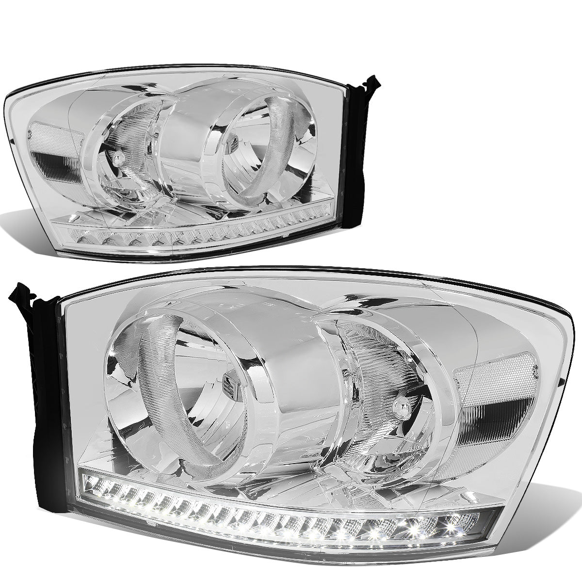 FAROS 06-08 DODGE RAM 1500 / 06-09 DODGE RAM 2500 , 3500 - FITS MODELS WITH HALOGEN HEADLAMPS ONLY - LED DRL - CHROME HOUSING / CLEAR CORNER - H13 LOW BEAM / H13 HIGH BEAM
