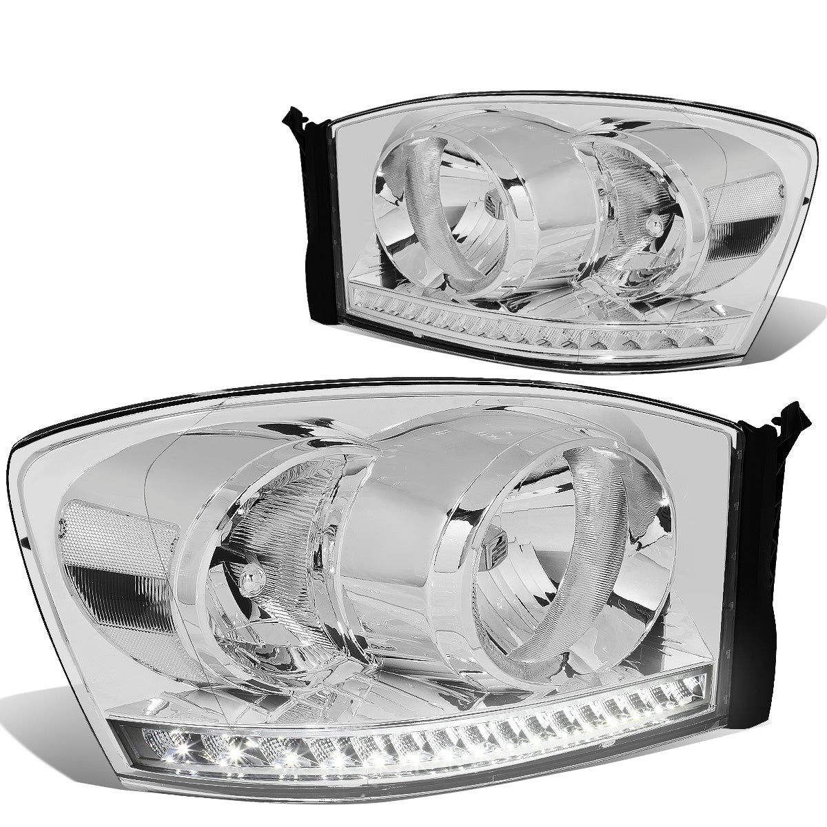 FAROS 06-08 DODGE RAM 1500 / 06-09 DODGE RAM 2500 , 3500 - FITS MODELS WITH HALOGEN HEADLAMPS ONLY - LED DRL - CHROME HOUSING / CLEAR CORNER - H13 LOW BEAM / H13 HIGH BEAM