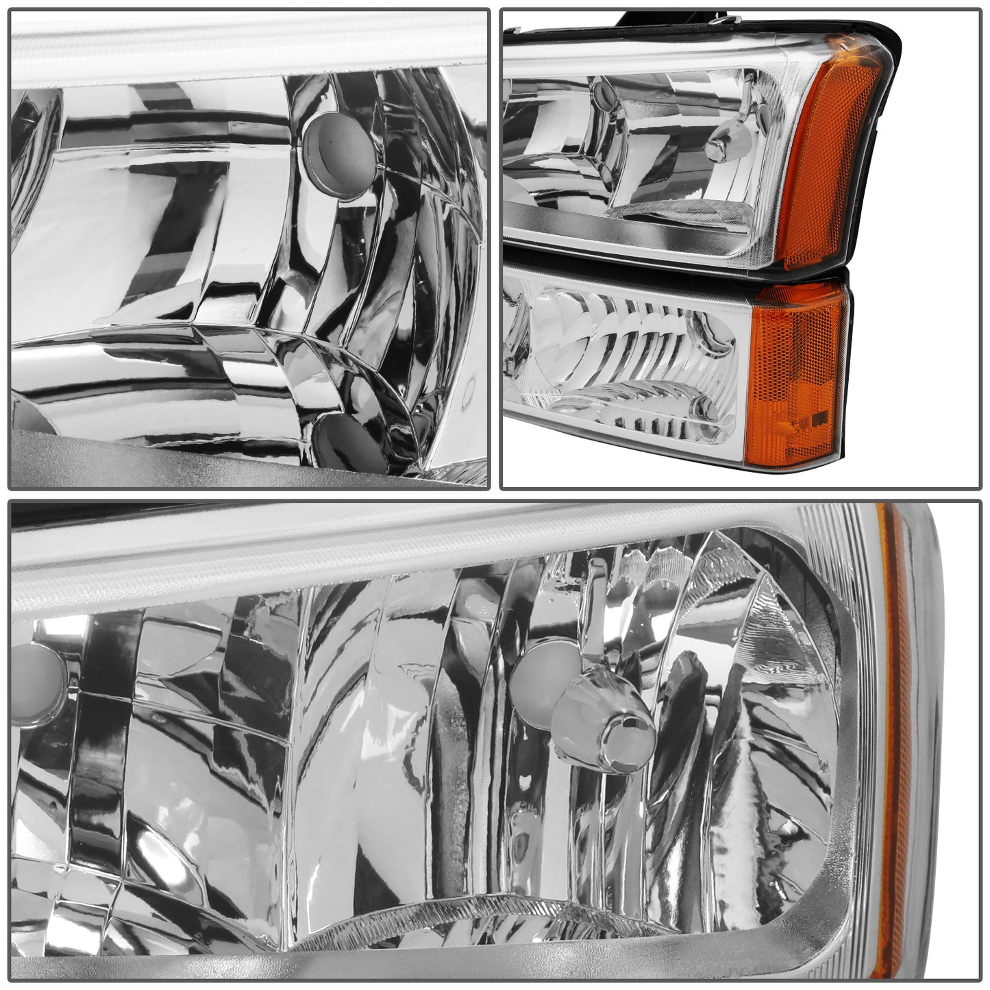 FAROS 03-04 CHEVY SILVERADO 2500 / 03-06 CHEVY AVALANCHE 1500 , 2500 / 03-06 CHEVY SILVERADO 1500 , 1500HD , 2500HD , 3500 2/4-DOOR - FITS MODELS WITHOUT FACTORY CLADDING ONLY - 4PC - CHROME HOUSING / AMBER CORNER - 9006 LOW BEAM / 9005 HIGH BEAM