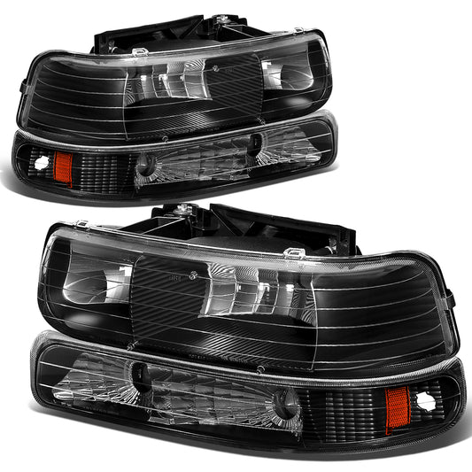 FAROS 99-02 CHEVY SILVERADO 1500 , 2500 / 00-06 CHEVY SUBURBAN 1500 , 2500 , TAHOE / 01-02 CHEVY SILVERADO 1500 HD , 2500 HD , 3500 HD 2/4-DOOR - 4PC - BLACK HOUSING / AMBER CORNER - 9006 LOW BEAM / HIGH BEAM