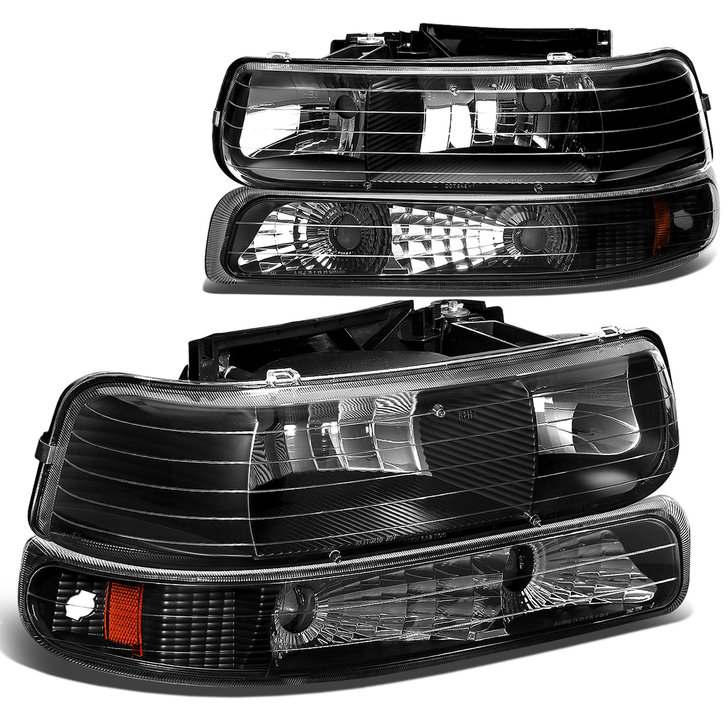 FAROS 99-02 CHEVY SILVERADO 1500 , 2500 / 00-06 CHEVY SUBURBAN 1500 , 2500 , TAHOE / 01-02 CHEVY SILVERADO 1500 HD , 2500 HD , 3500 HD 2/4-DOOR - 4PC - BLACK HOUSING / AMBER CORNER - 9006 LOW BEAM / HIGH BEAM