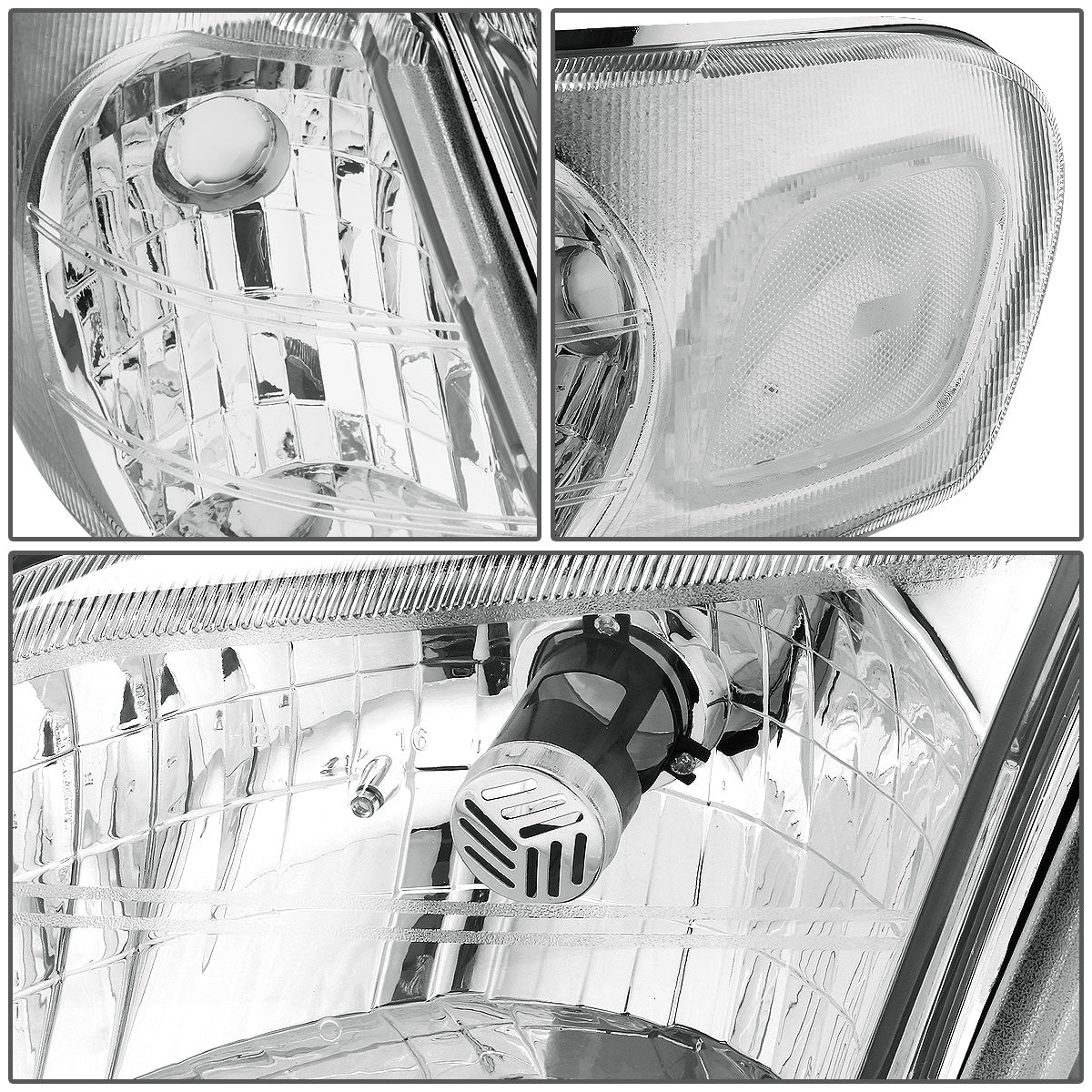 FAROS 97-05 CHEVY VENTURE / 97-04 OLDSMOBILE SILHOUETTE / 99-05 PONTIAC MONTANA / 97-99 PONTIAC TRANS SPORT 3/4-DOOR - 4PC - CHROME HOUSING / CLEAR CORNER - 9004 LOW BEAM / HIGH BEAM