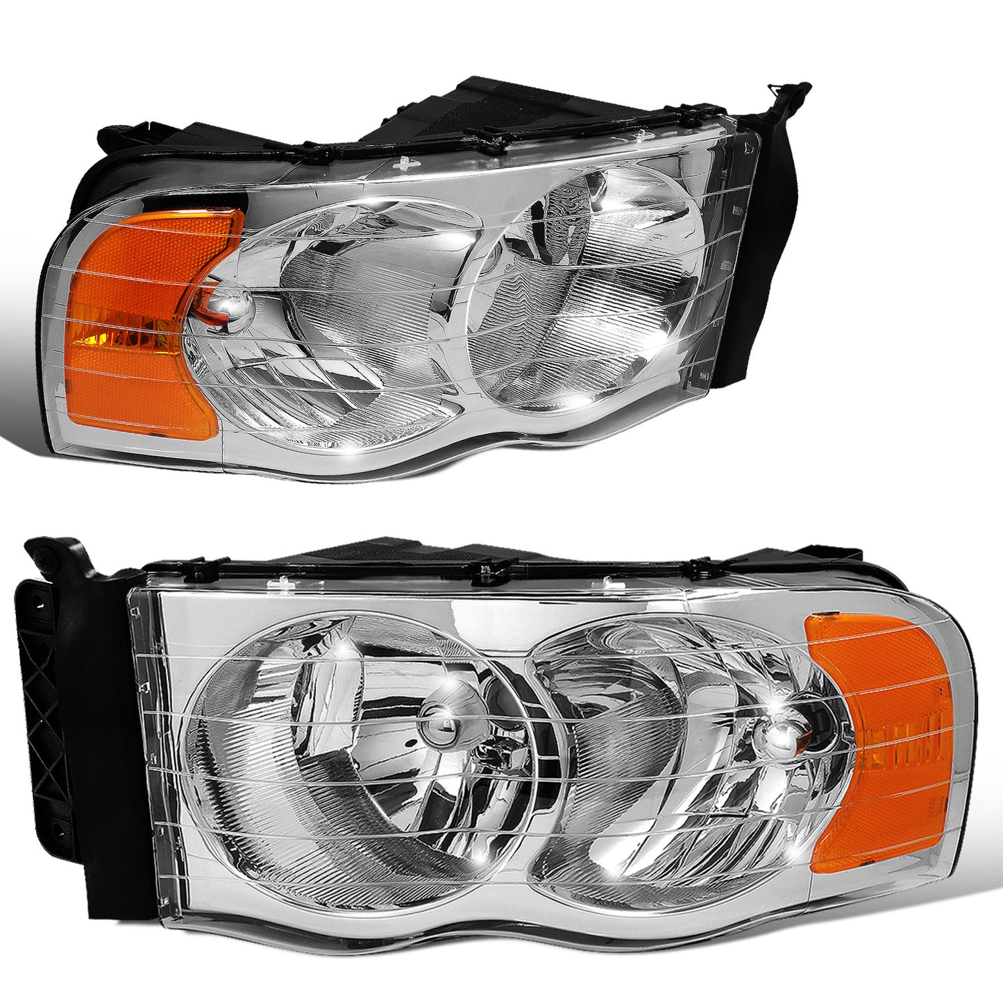 FAROS 02-05 DODGE RAM 1500 / 03-05 RAM 2500 , 3500 2/4-DOOR - CHROME HOUSING / AMBER CORNER - 9007 LOW BEAM / HIGH BEAM