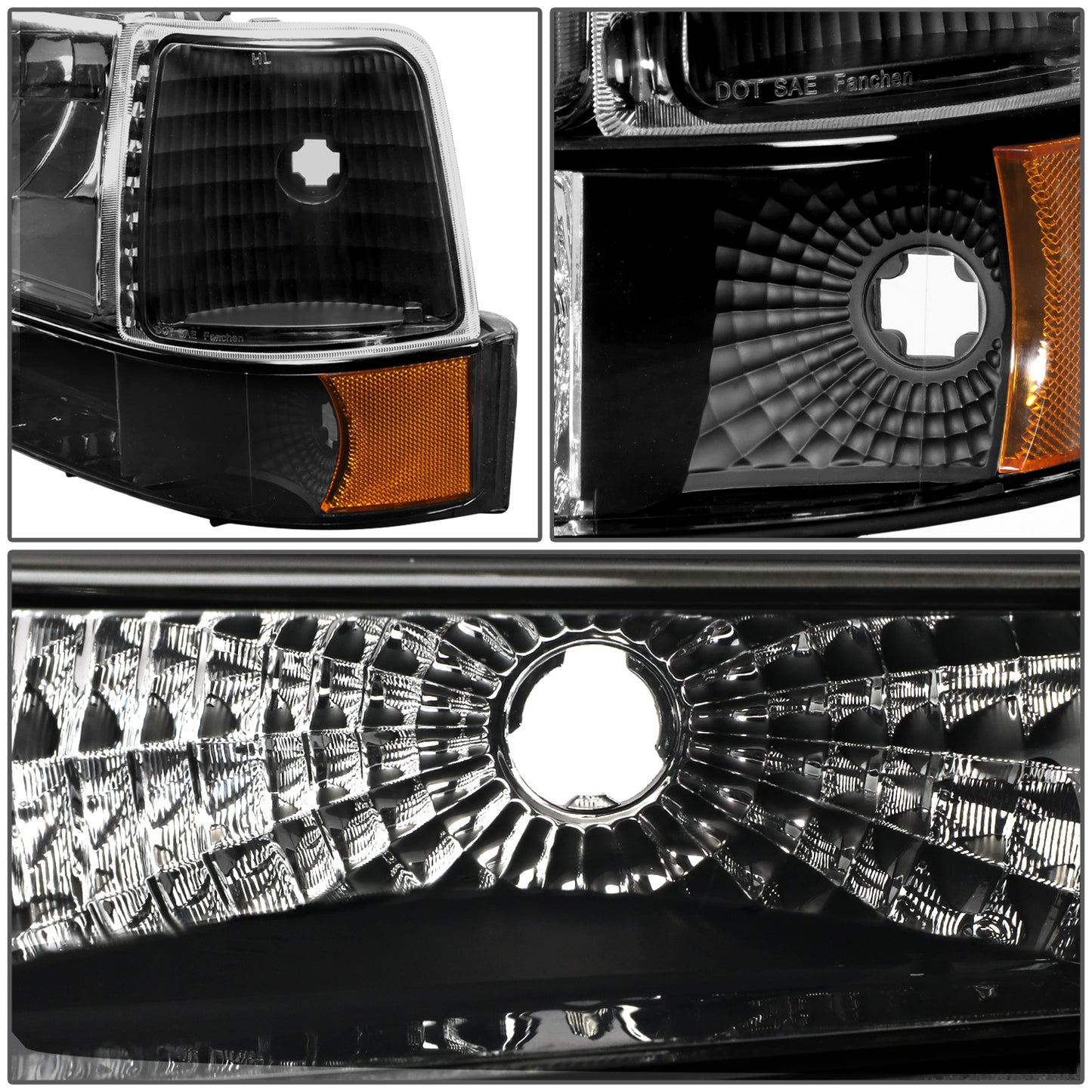 FAROS 92-96 FORD F-150, F-250, F-350, BRONCO 2/4-DR - 6PC - 9007 LOW BEAM / HIGH BEAM - 3157A TURN SIGNAL - BLACK HOUSING / AMBER CORNER