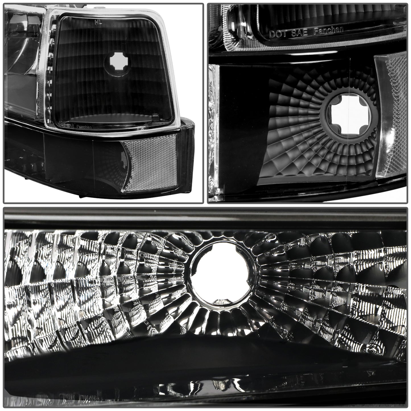 FAROS 92-96 FORD F-150, F-250, F-350, BRONCO 2/4-DR - 6PC - 9007 LOW BEAM / HIGH BEAM - 3157A TURN SIGNAL - BLACK HOUSING / CLEAR CORNER